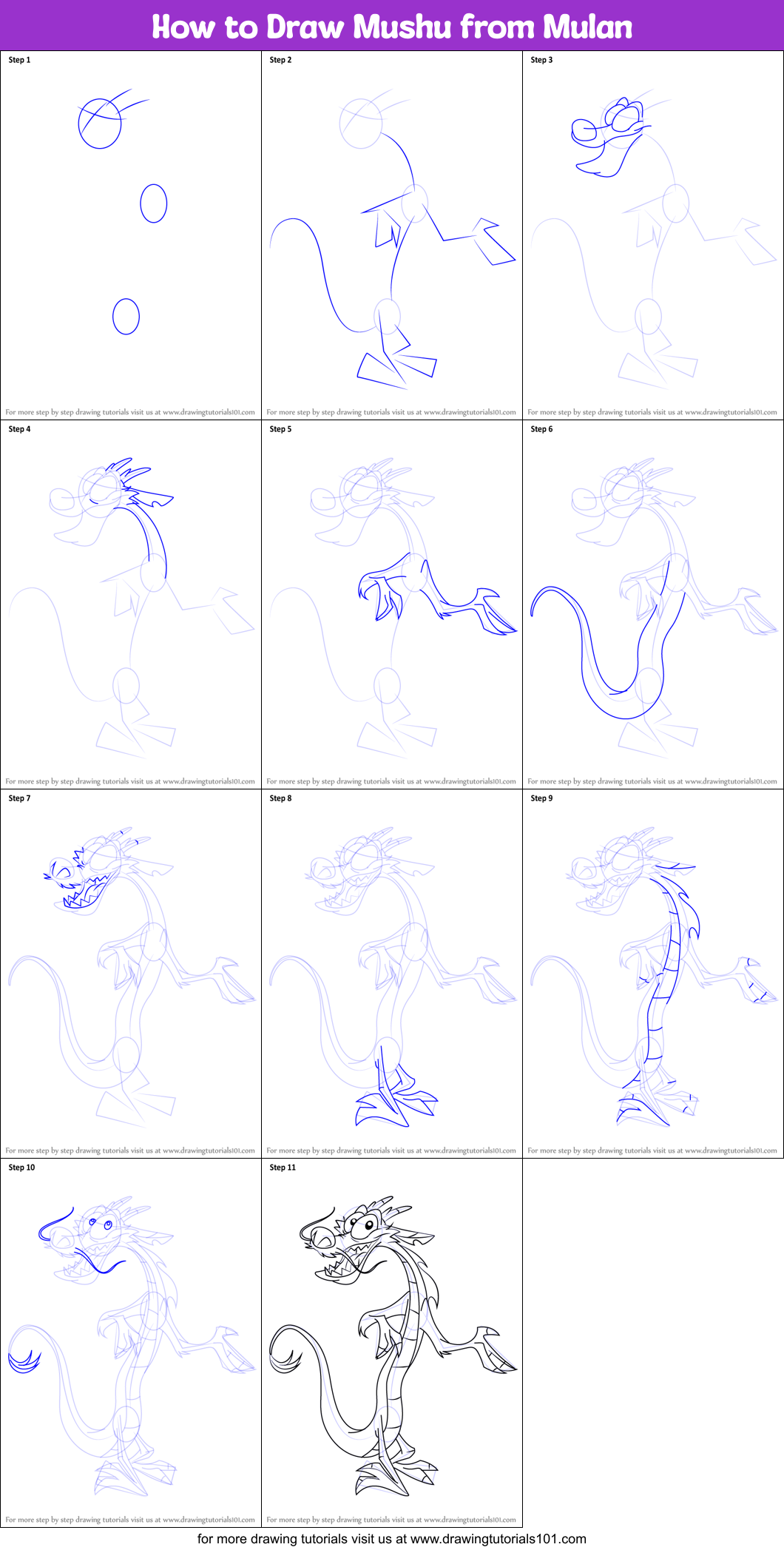 How to Draw Mushu from Mulan printable step by step drawing sheet