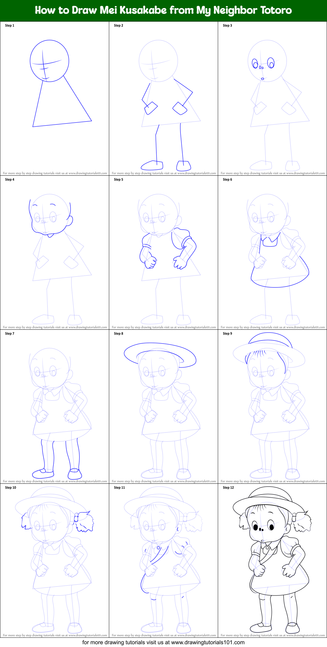 How To Draw Mei Kusakabe From My Neighbor Totoro Printable Step By Step Drawing Sheet