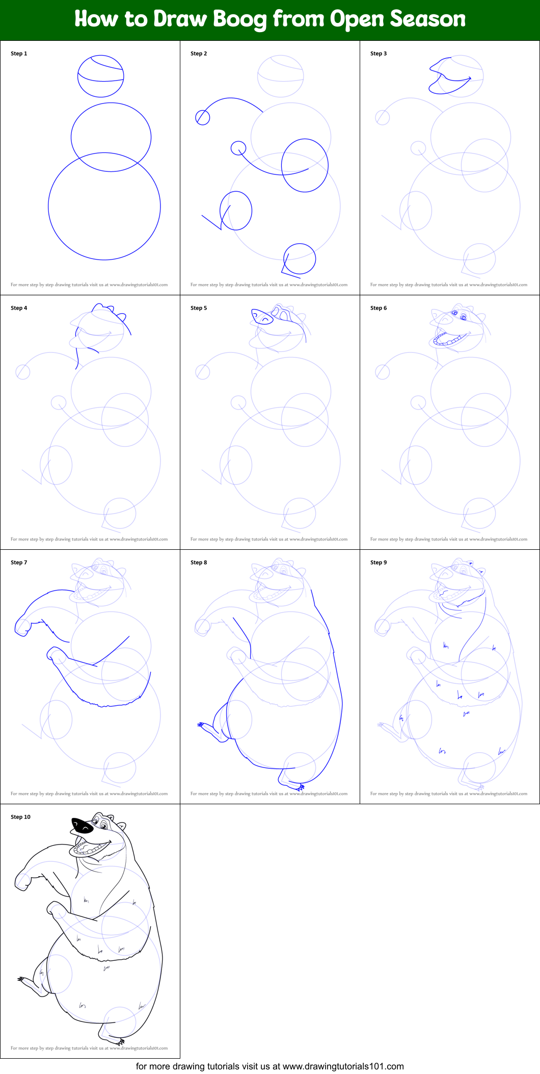 How to Draw Boog from Open Season printable step by step drawing sheet