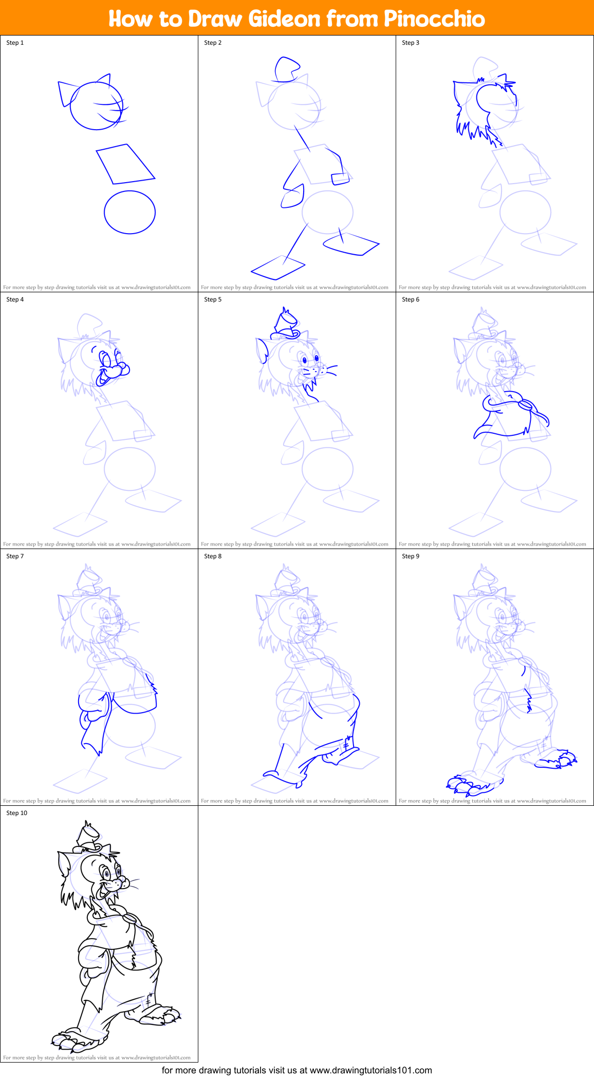 How to Draw Gideon from Pinocchio printable step by step drawing sheet ...