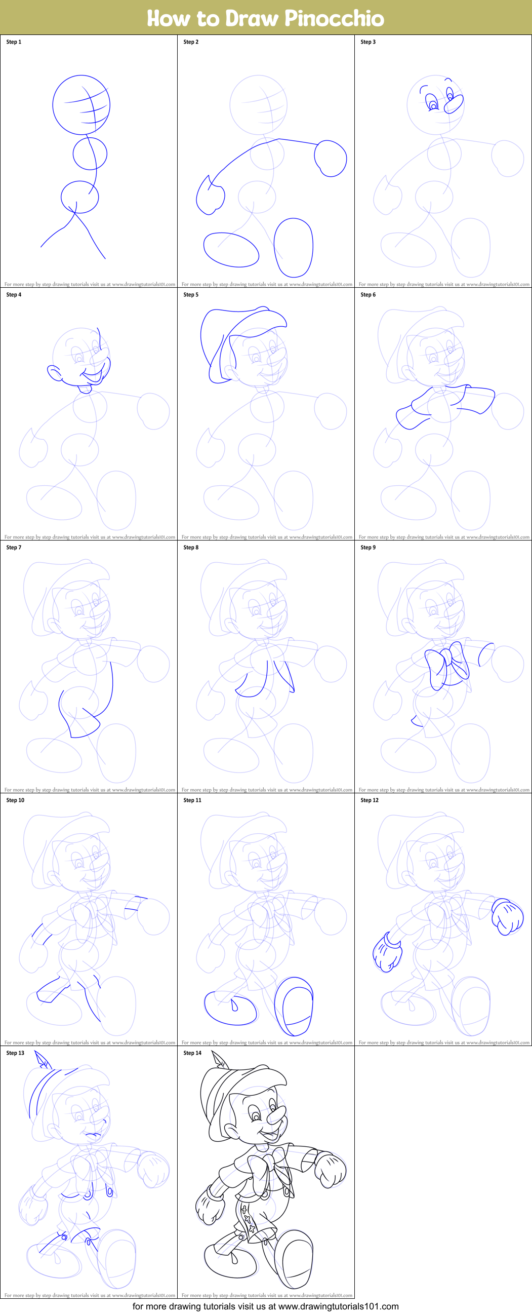 How to Draw Pinocchio printable step by step drawing sheet ...