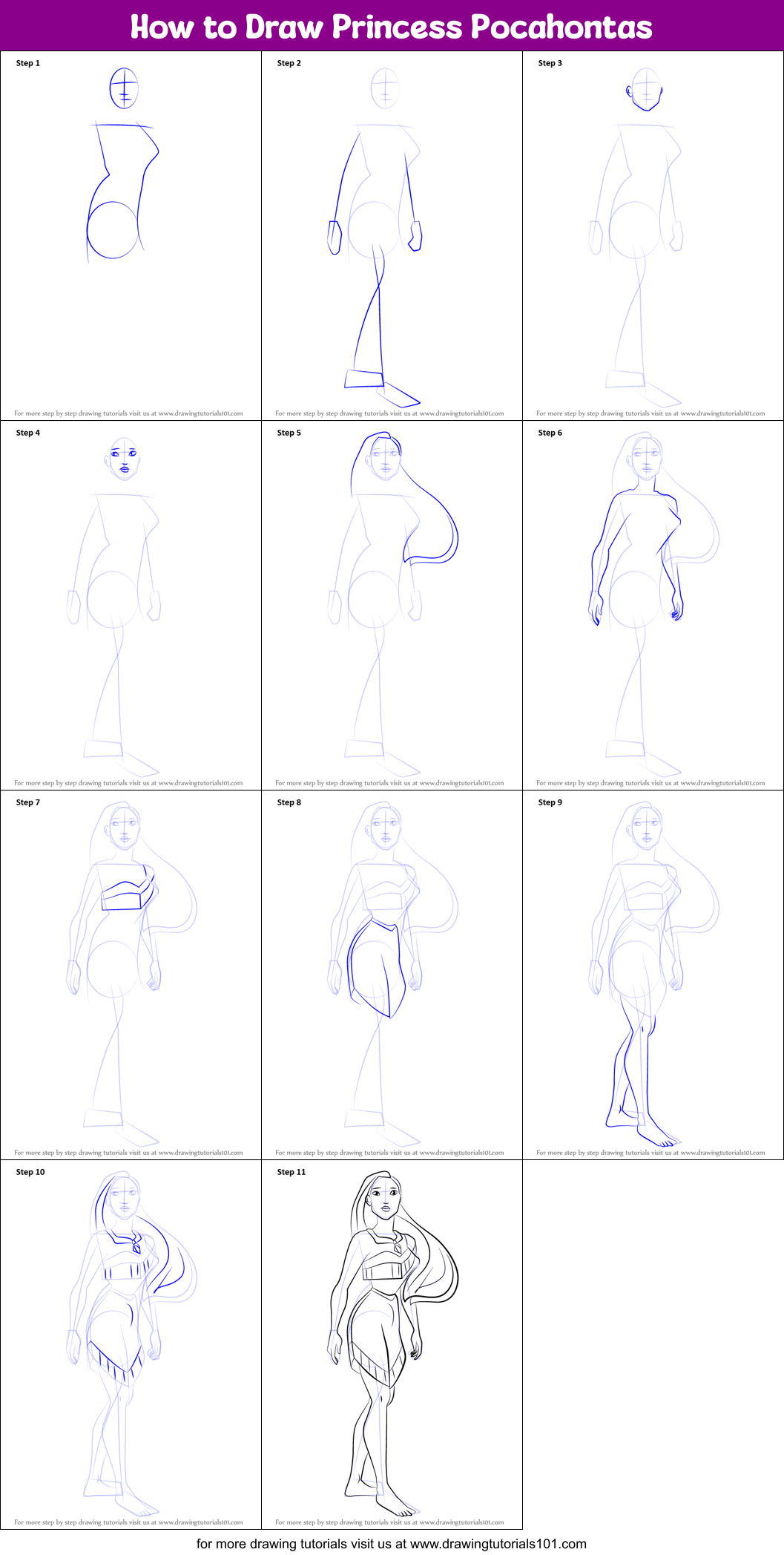 How to Draw Princess Pocahontas printable step by step drawing sheet ...