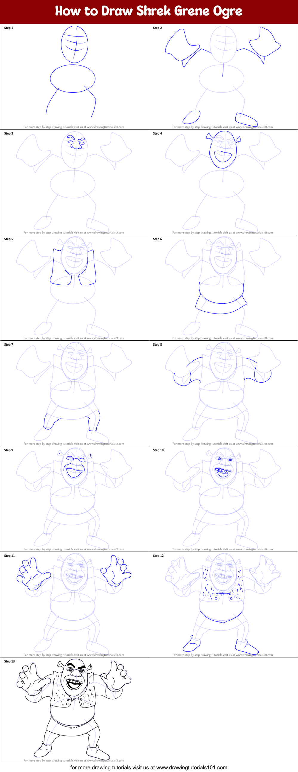 How To Draw Shrek Grene Ogre Printable Step By Step Drawing Sheet