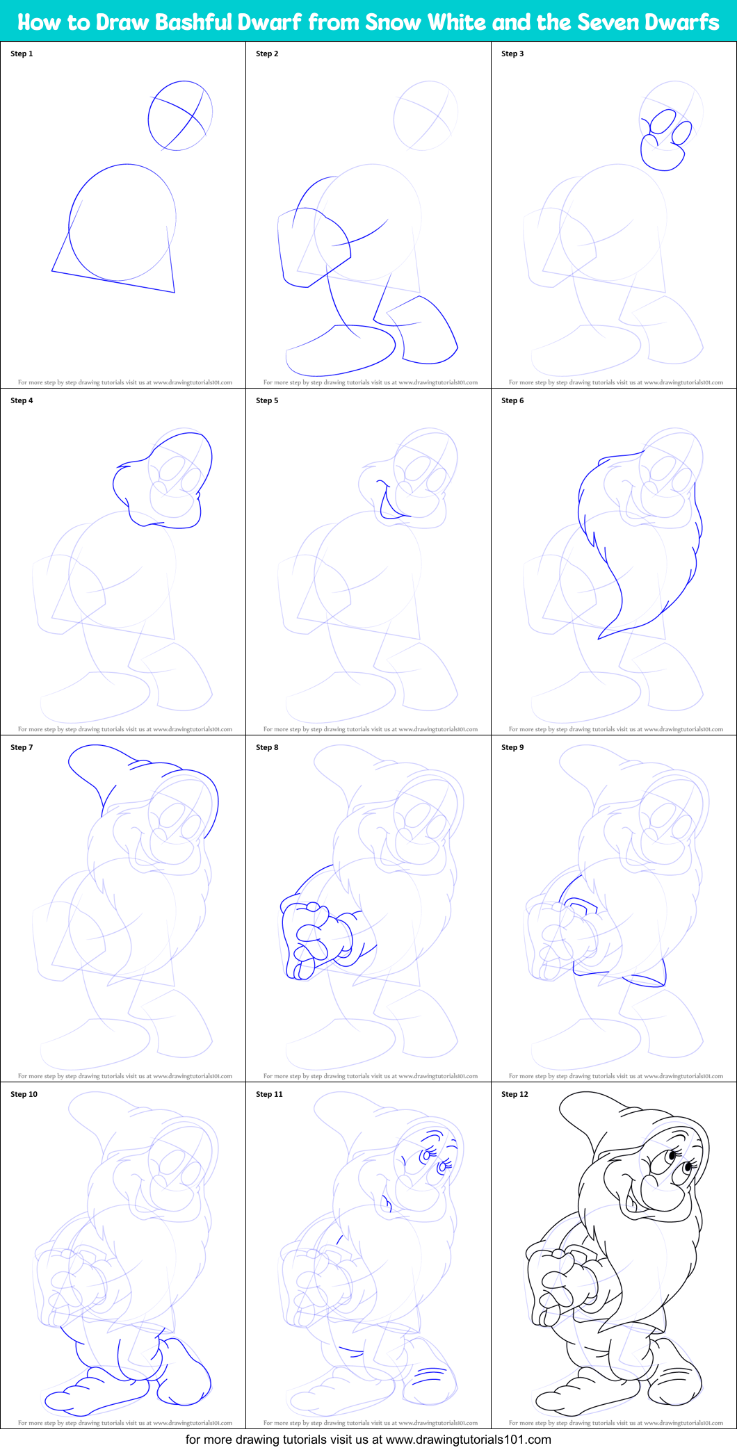 How To Draw Bashful Dwarf From Snow White And The Seven Dwarfs Printable Step By Step Drawing 