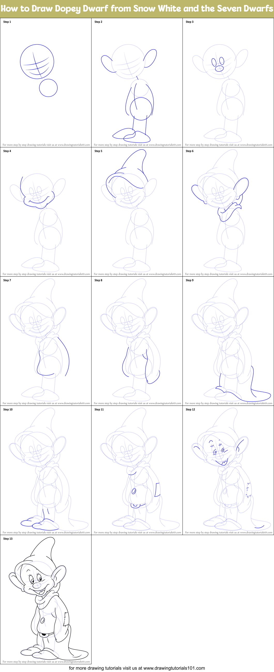 How To Draw Dopey Dwarf From Snow White And The Seven Dwarfs Printable Step By Step Drawing 