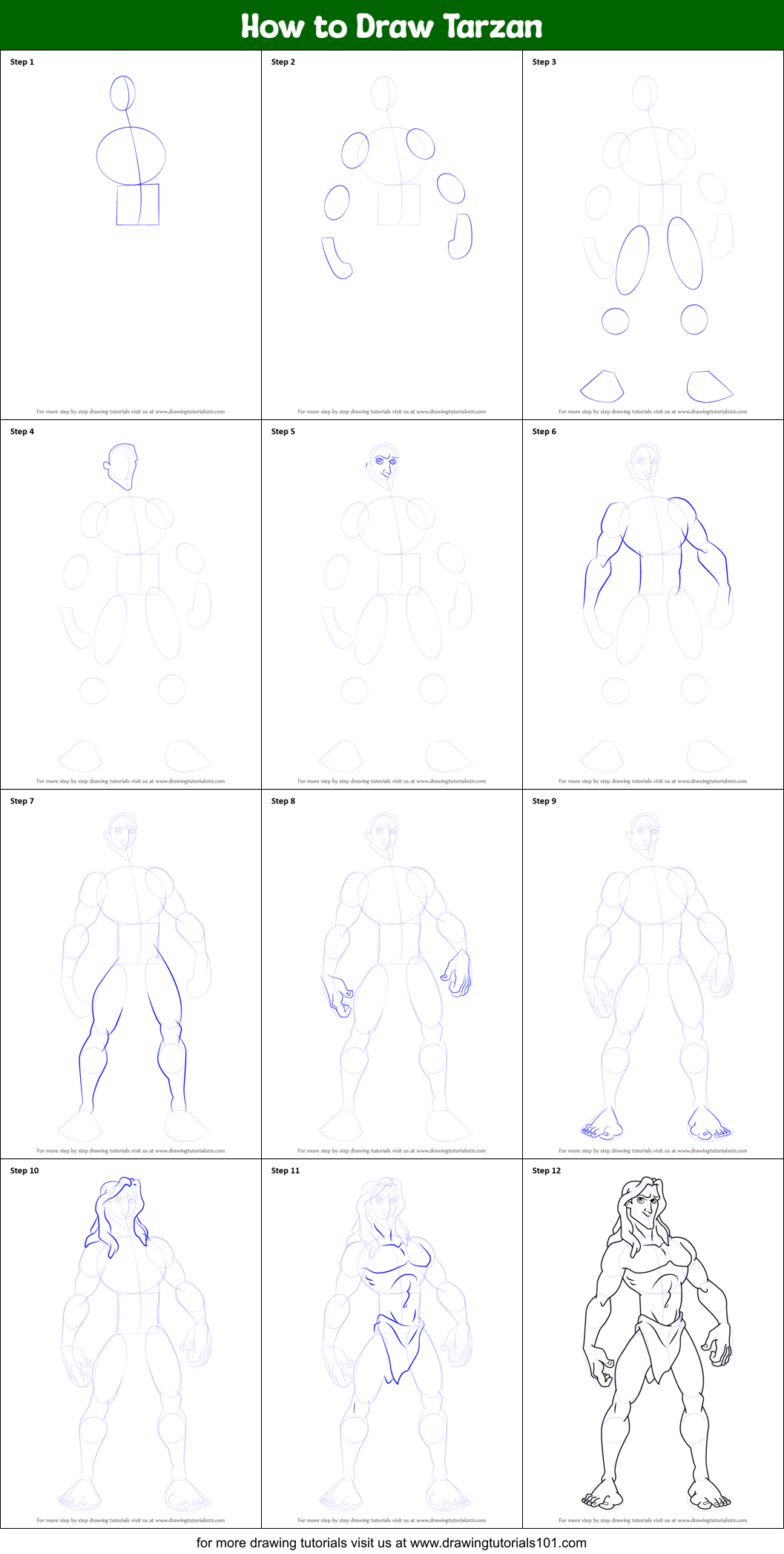 How to Draw Tarzan printable step by step drawing sheet