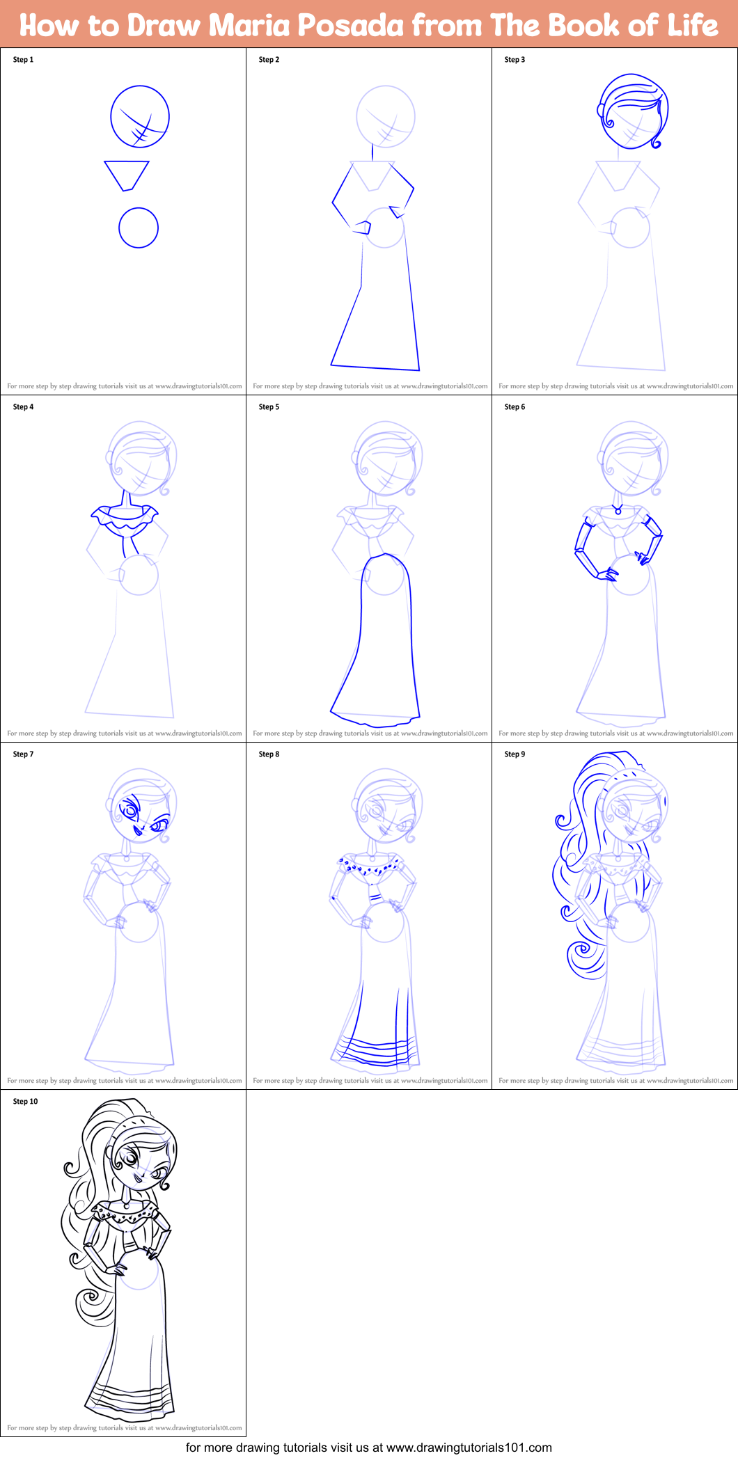 How To Draw Maria Posada From The Book Of Life Printable Step By Step 