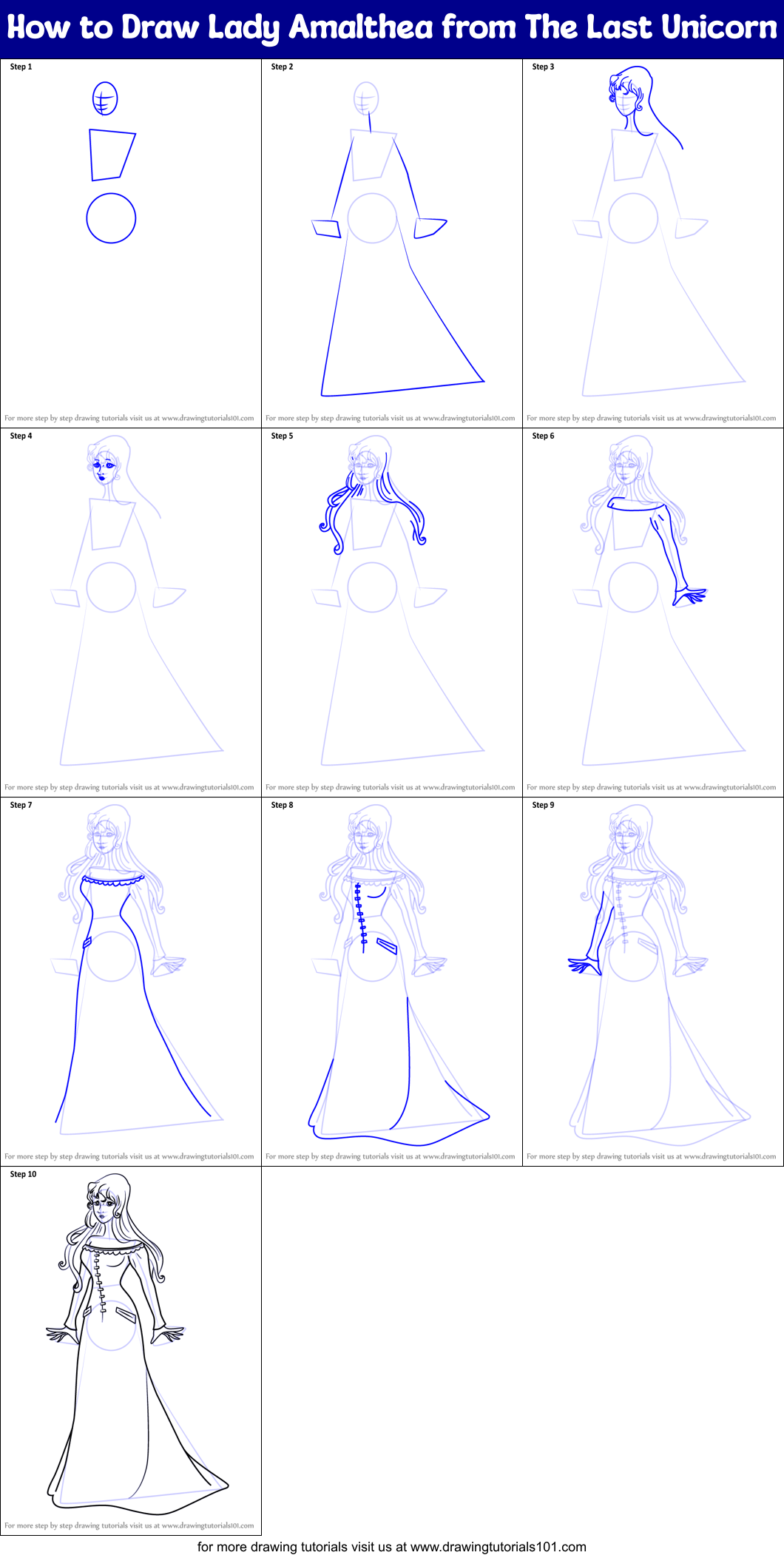 How to Draw Lady Amalthea from The Last Unicorn printable step by step ...