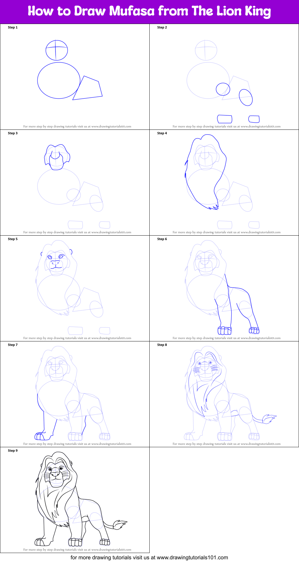 How to Draw Mufasa from The Lion King printable step by step drawing