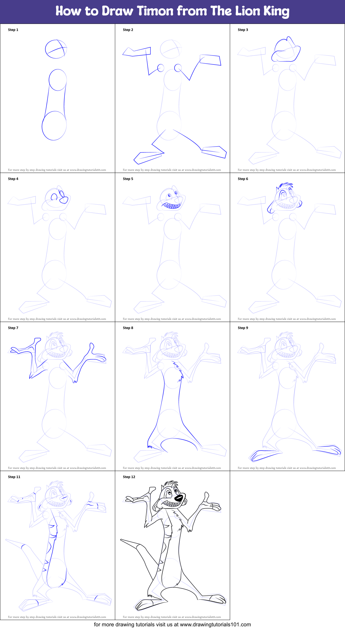 How to Draw Timon from The Lion King printable step by step drawing ...