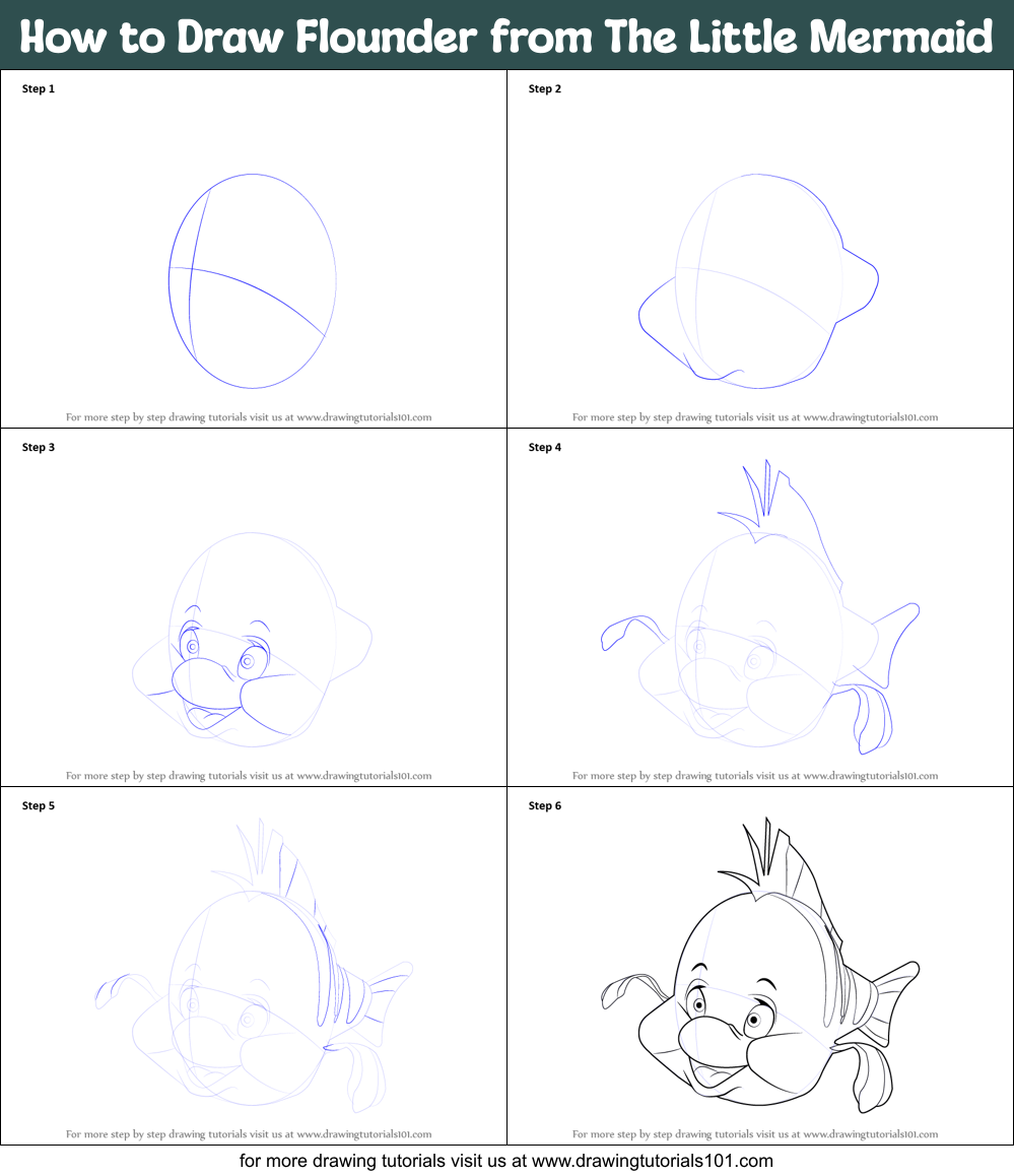 How to Draw Flounder from The Little Mermaid printable step by step