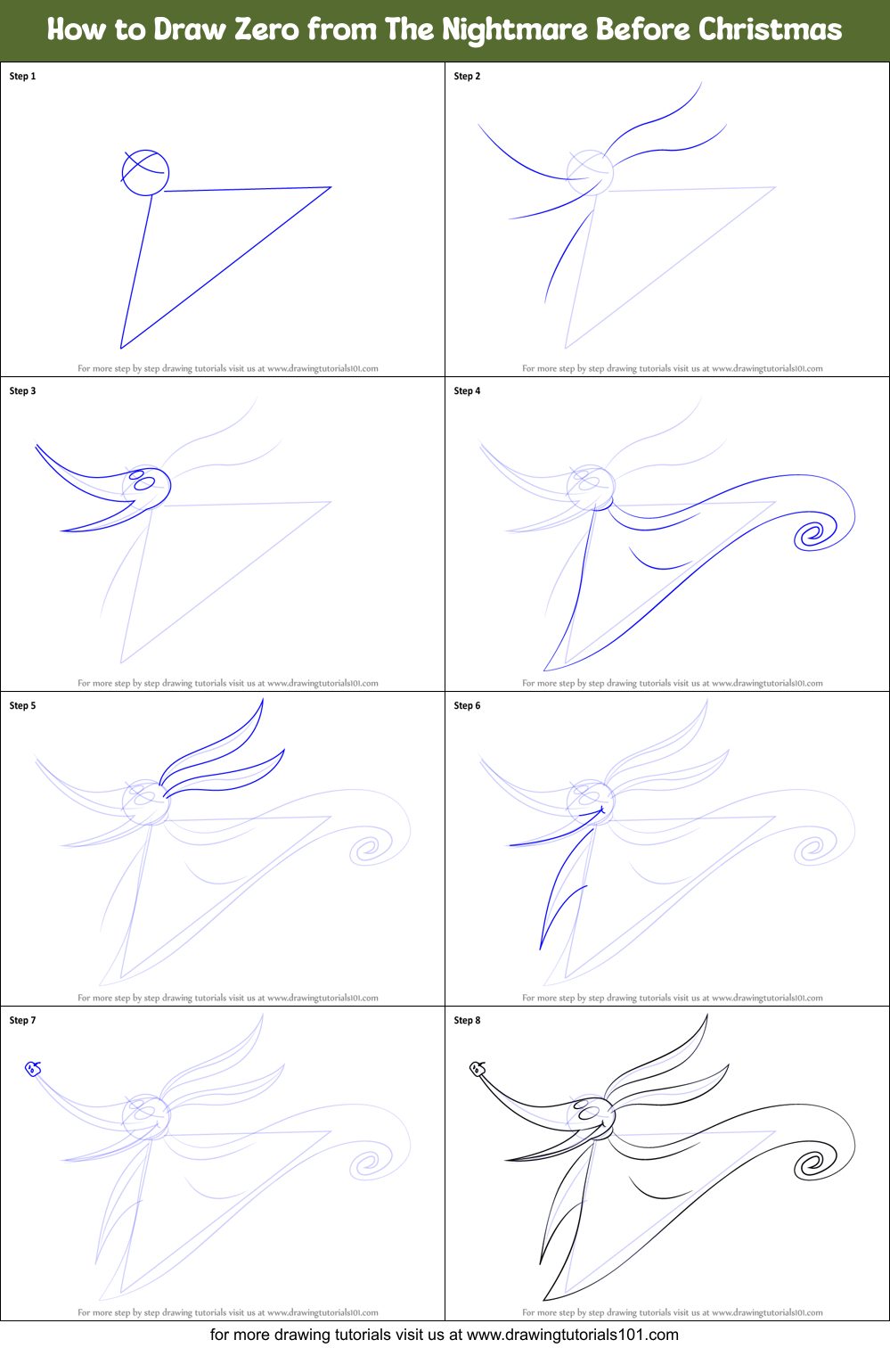 How to Draw Zero from The Nightmare Before Christmas printable step by