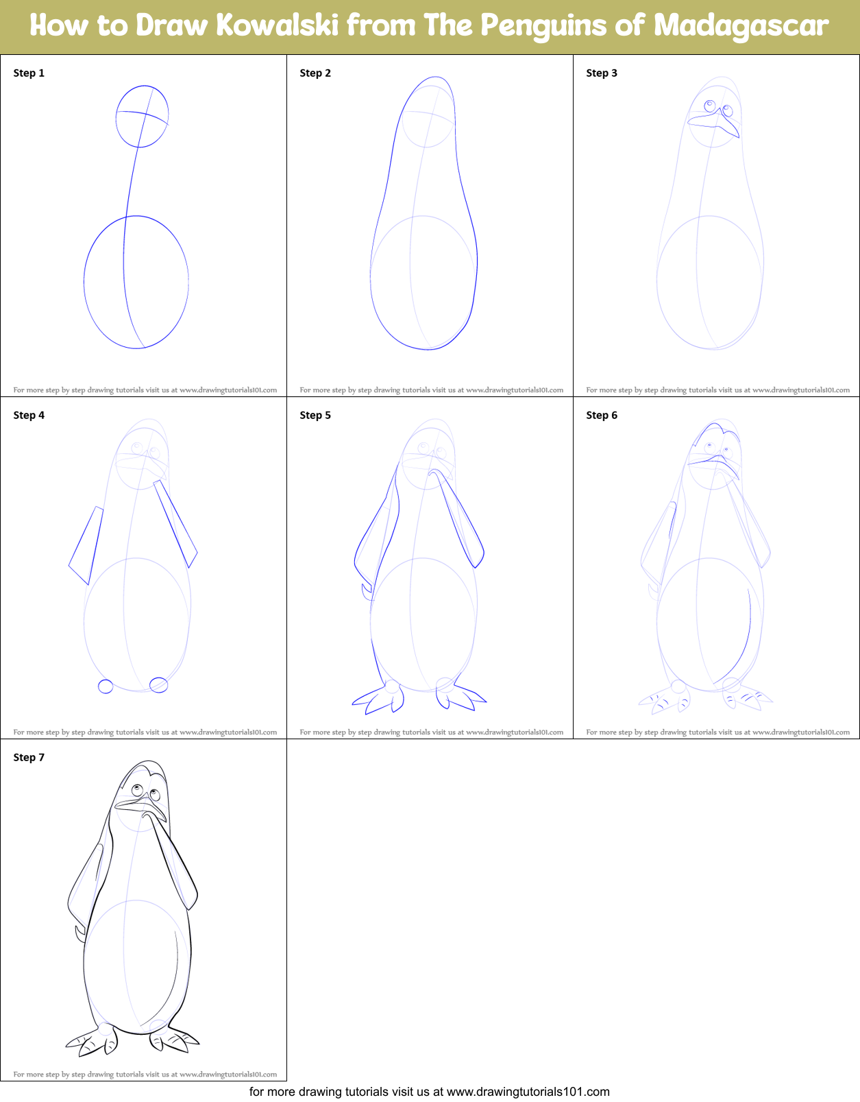 How to Draw Kowalski from The Penguins of Madagascar printable step by ...