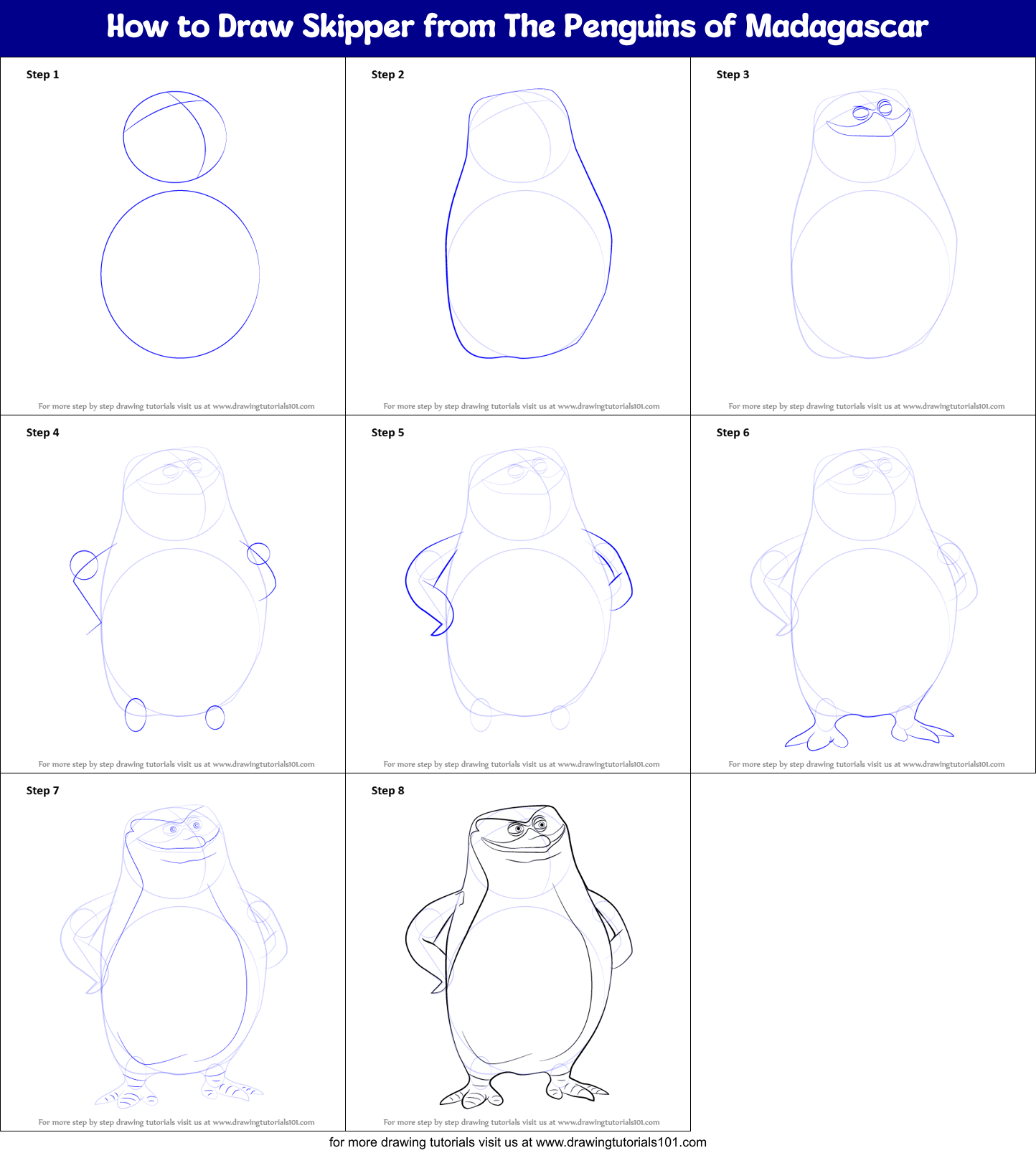 How to Draw Skipper from The Penguins of Madagascar printable step by ...