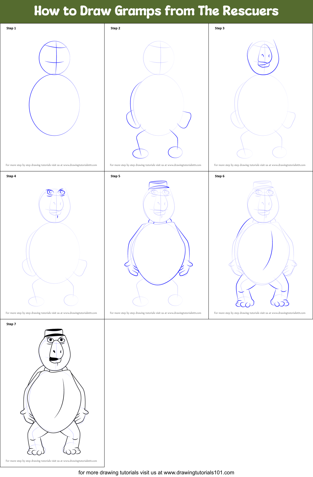 How to Draw Gramps from The Rescuers printable step by step drawing ...