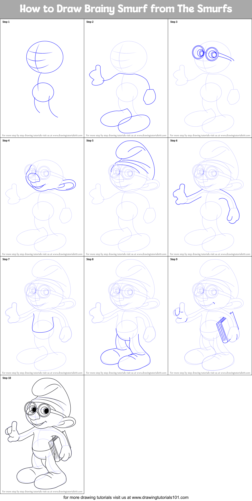 How to Draw Brainy Smurf from The Smurfs printable step by step drawing ...