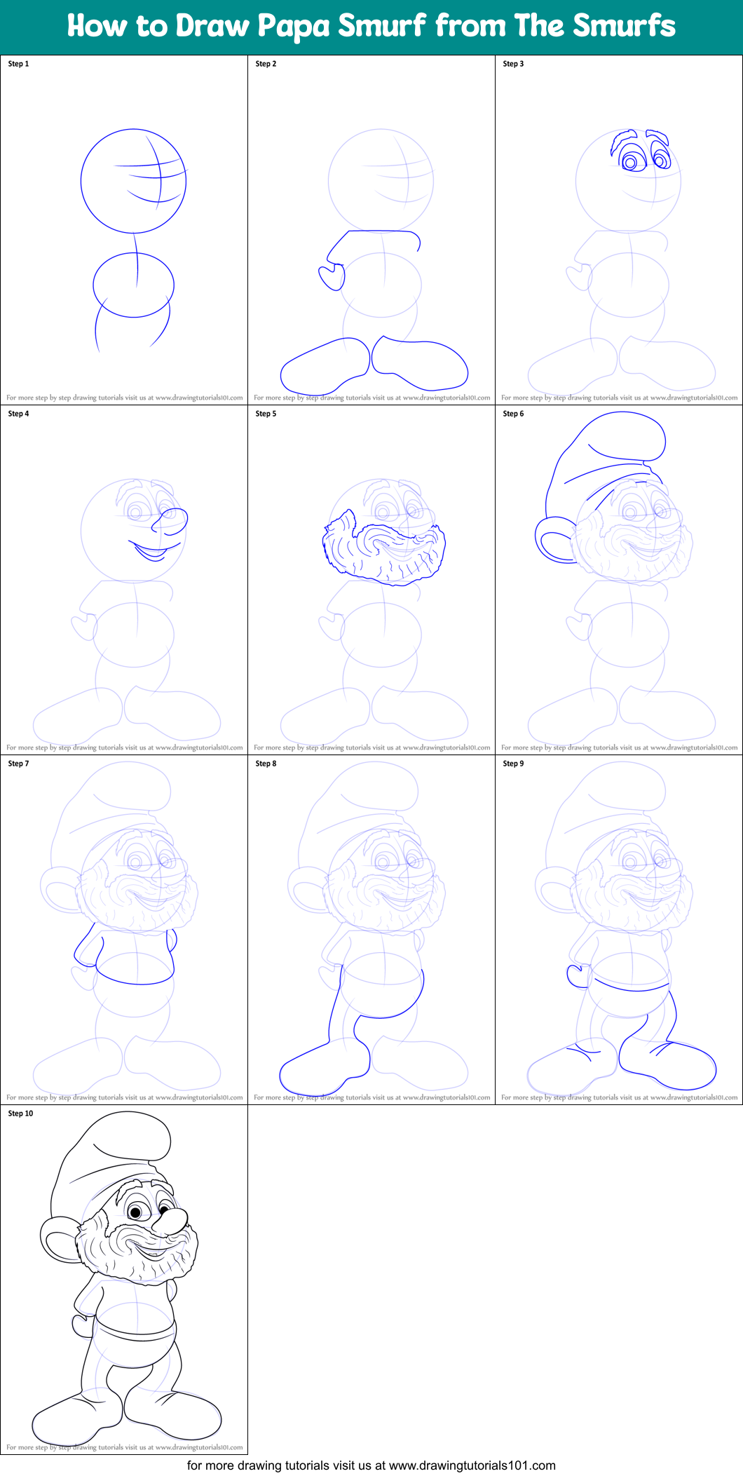 How to Draw Papa Smurf from The Smurfs printable step by step drawing
