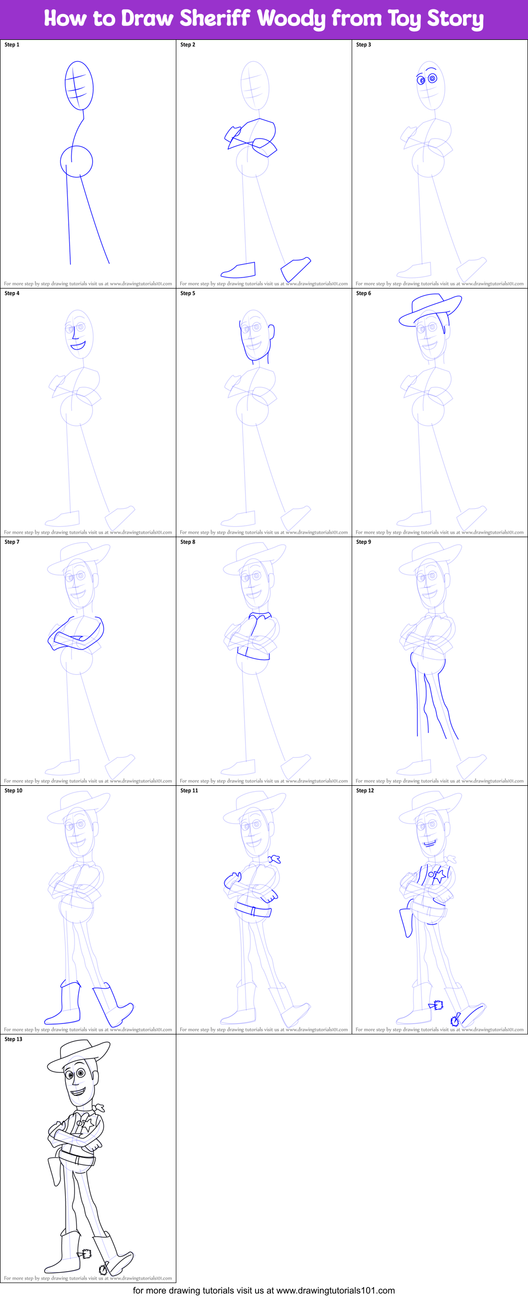 How to Draw Sheriff Woody from Toy Story printable step by step drawing