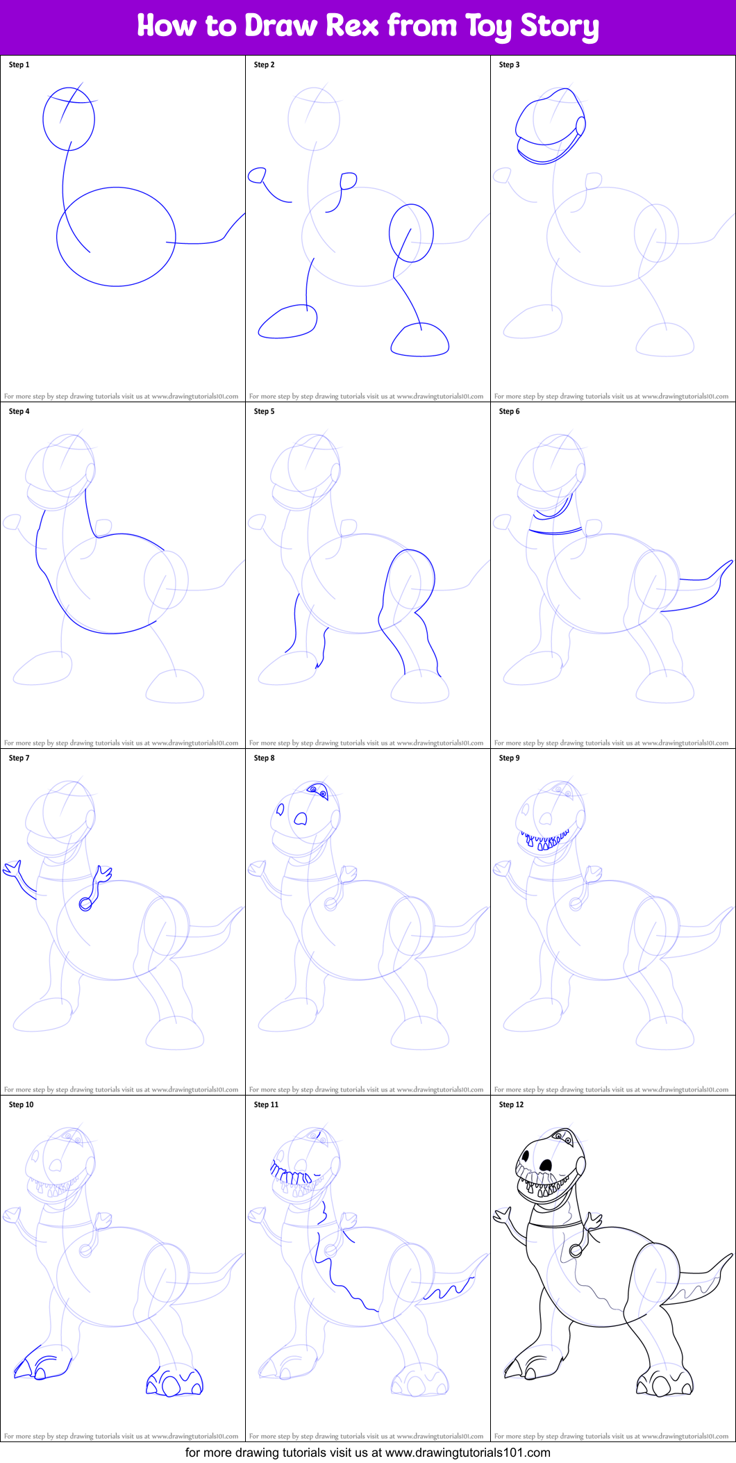 How to Draw Rex from Toy Story printable step by step drawing sheet