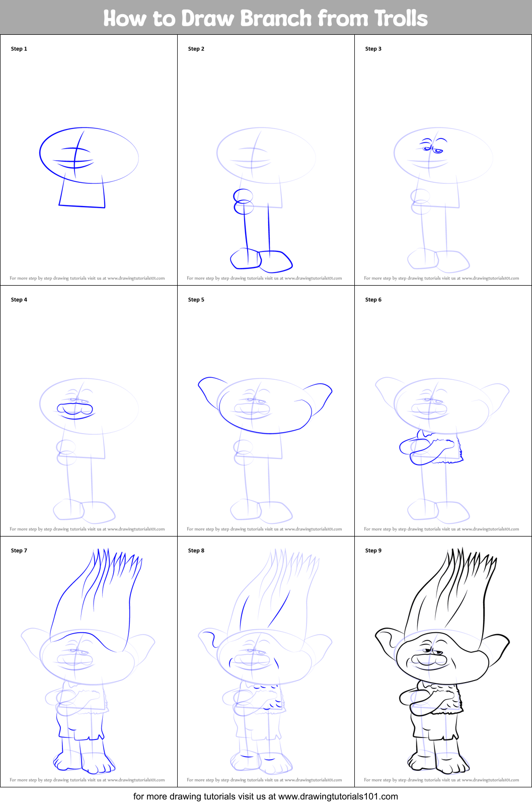 How to Draw Branch from Trolls printable step by step drawing sheet
