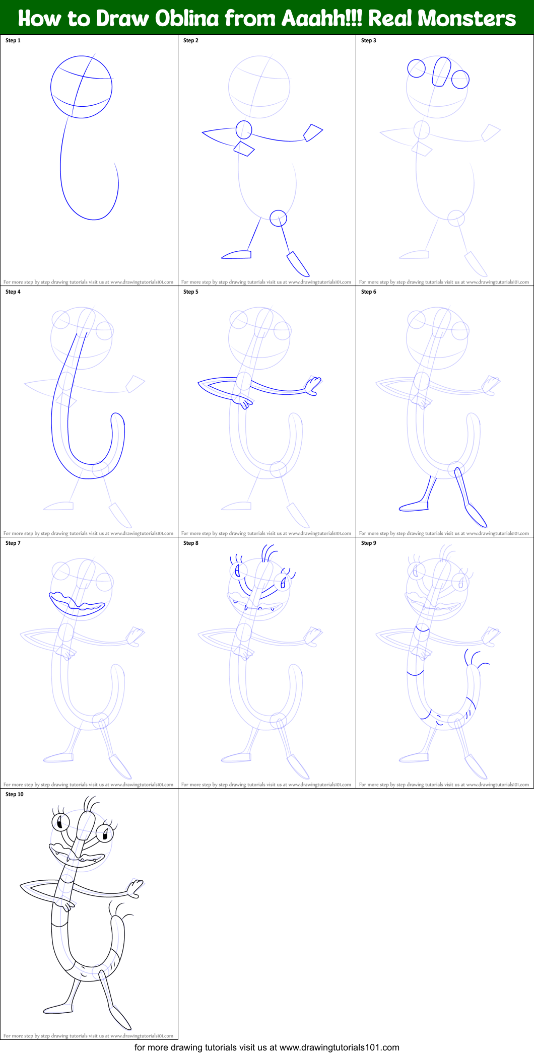 How to Draw Oblina from Aaahh!!! Real Monsters printable step by step ...