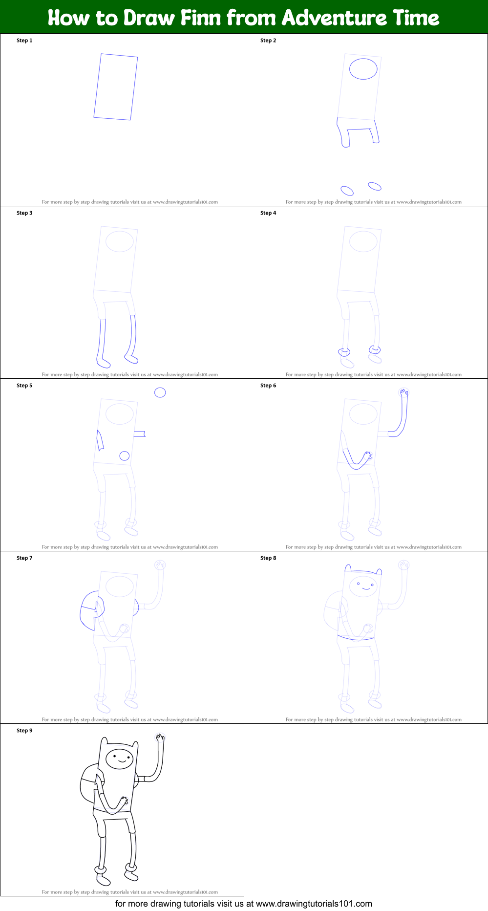 How to Draw Finn from Adventure Time printable step by step drawing ...