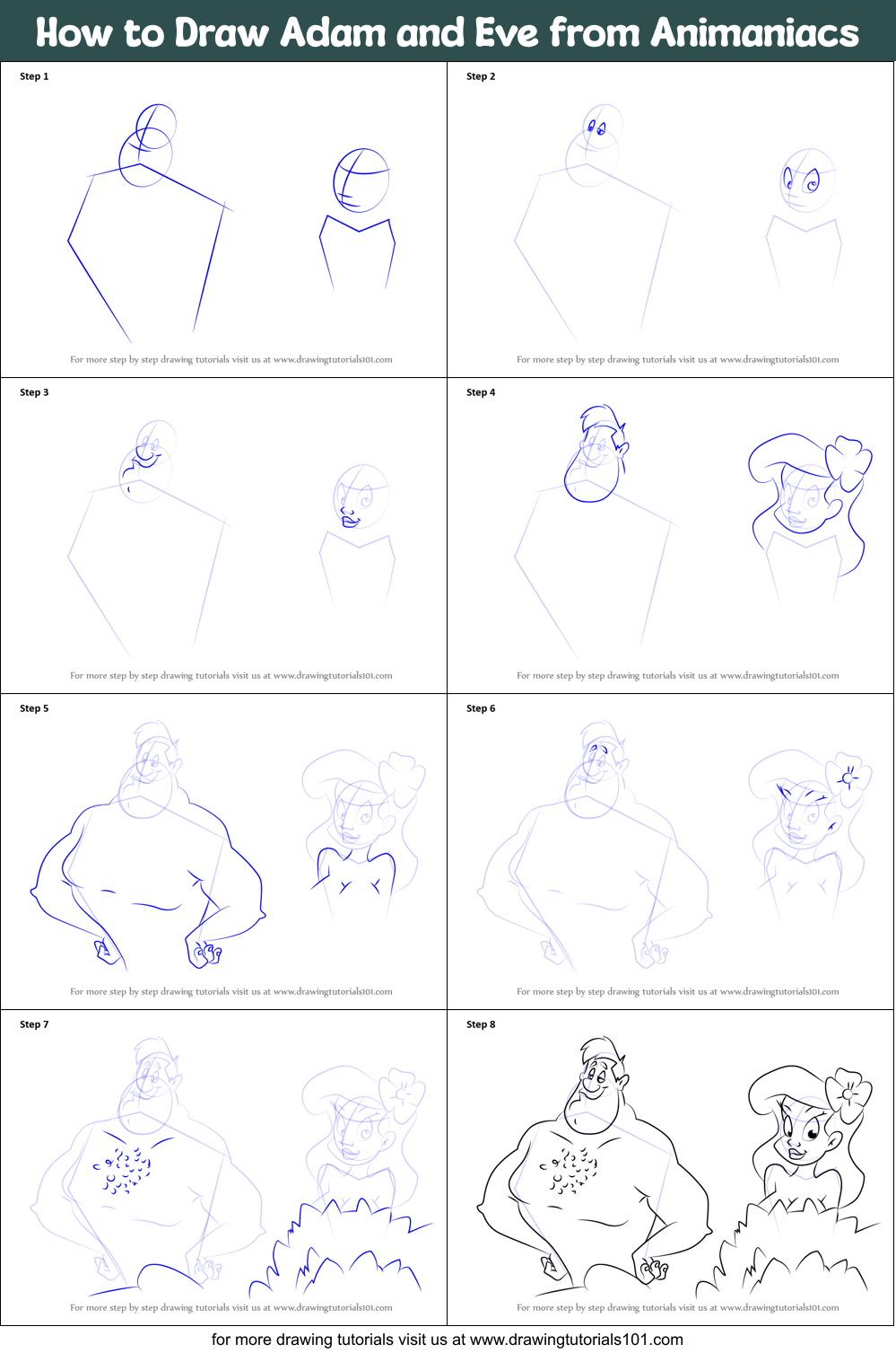 How to Draw Adam and Eve from Animaniacs printable step by step drawing  sheet : 