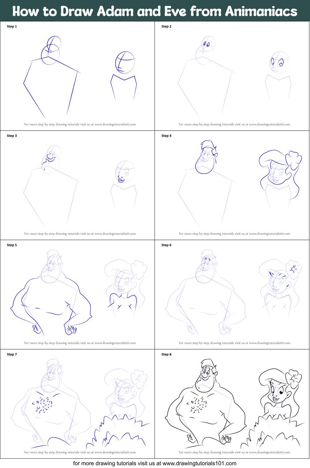 How to Draw Adam and Eve from Animaniacs printable step by step drawing