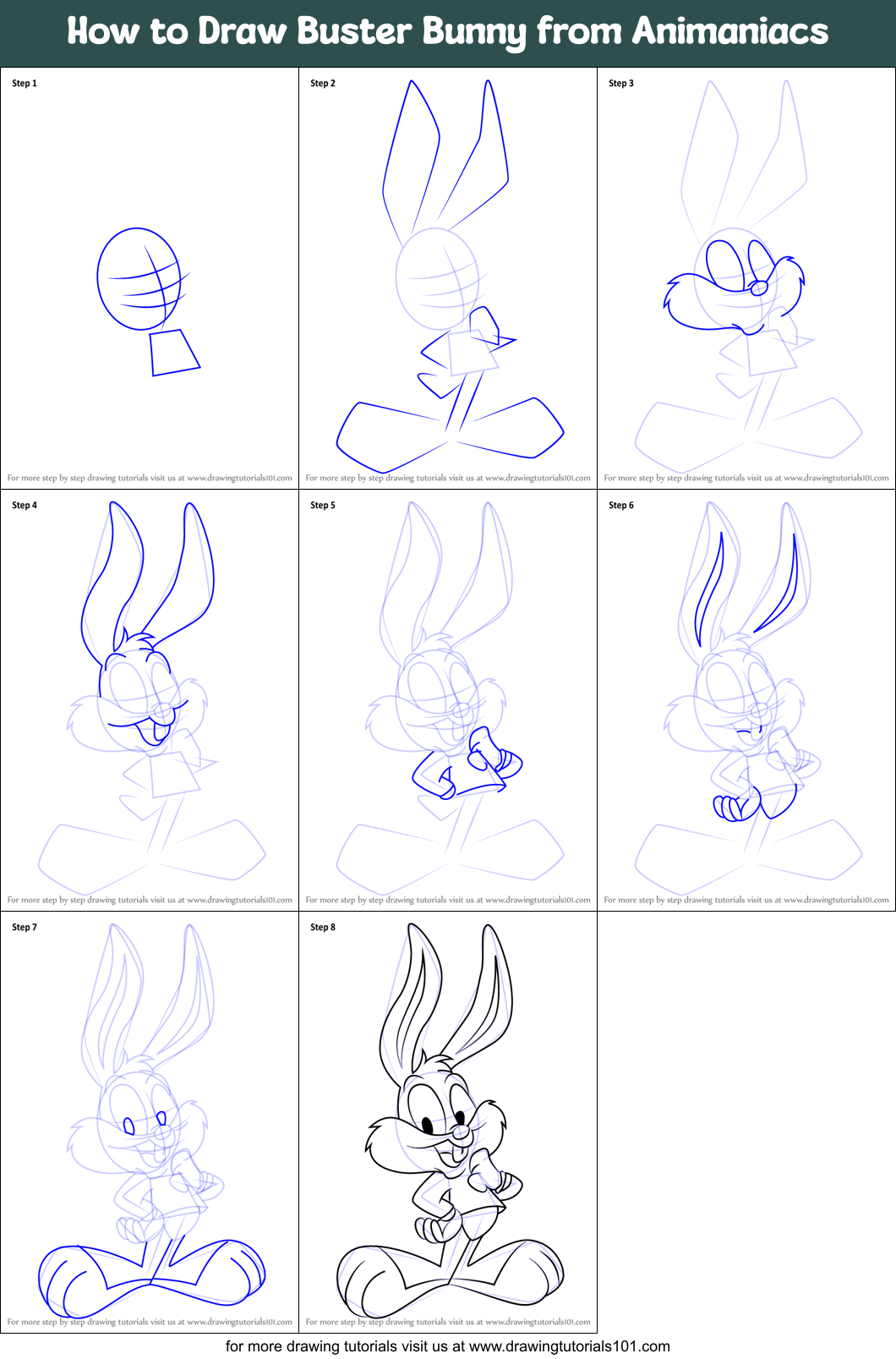 How to Draw Buster Bunny from Animaniacs printable step by step drawing
