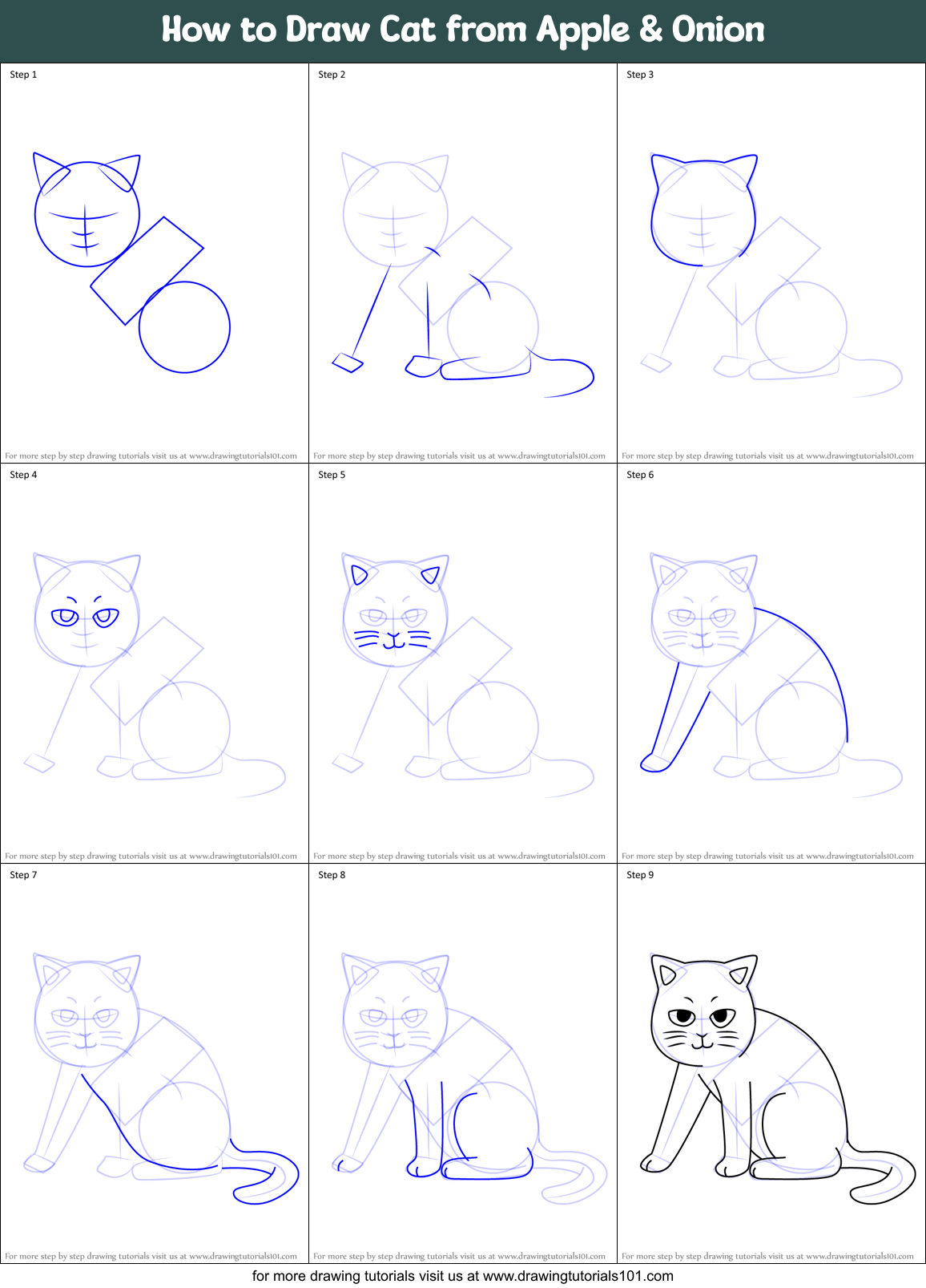 How to Draw Cat from Apple & Onion printable step by step drawing sheet ...