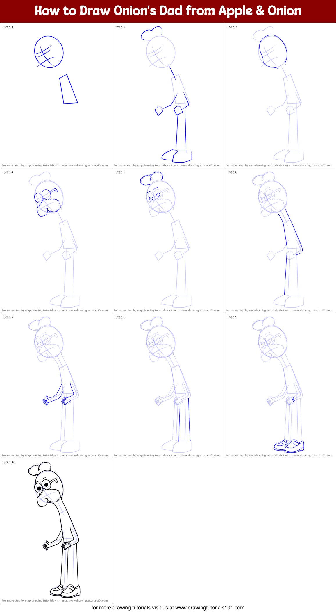 How to Draw Onion's Dad from Apple & Onion printable step by step