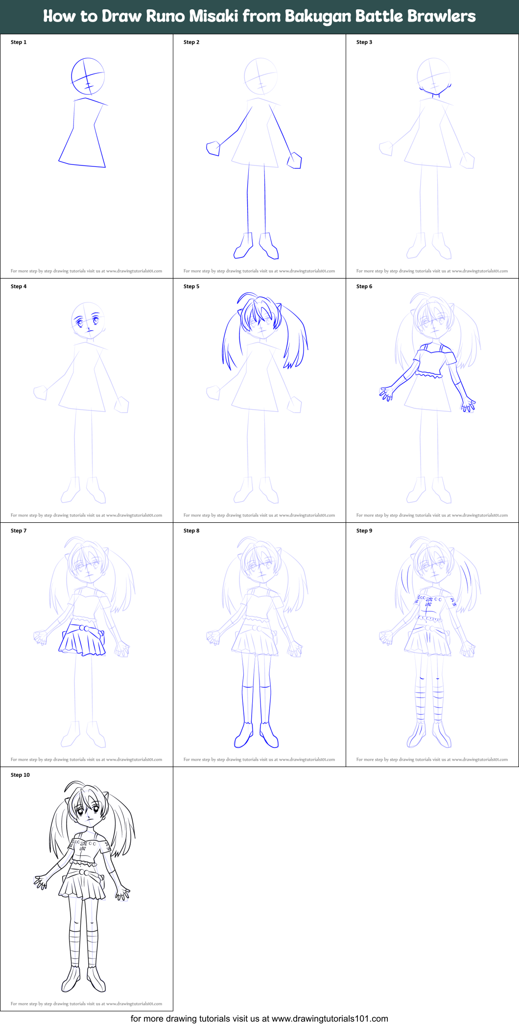 How to Draw Runo Misaki from Bakugan Battle Brawlers printable step by ...