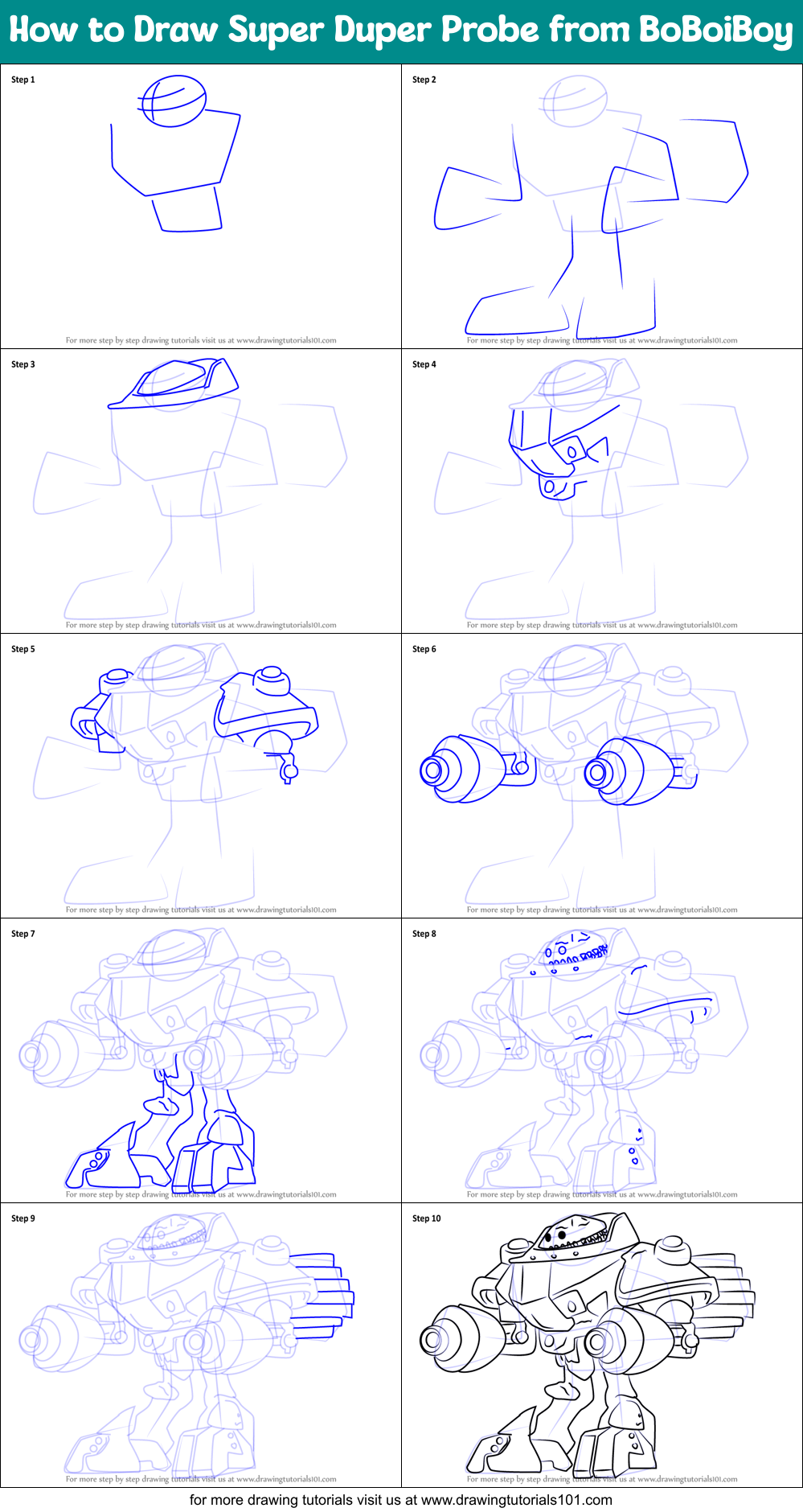 How to Draw Super Duper Probe from BoBoiBoy printable step by step