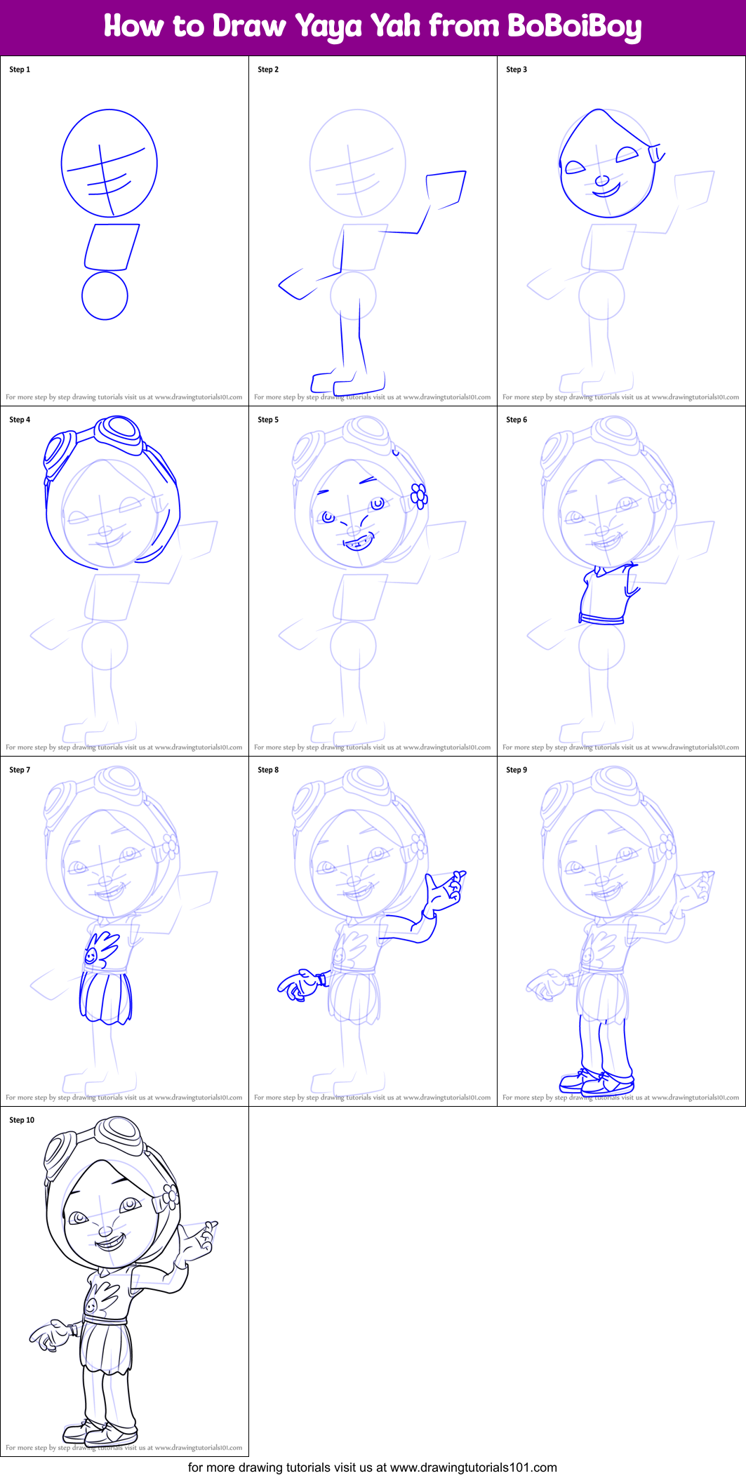 How to Draw Yaya Yah from BoBoiBoy printable step by step drawing sheet ...