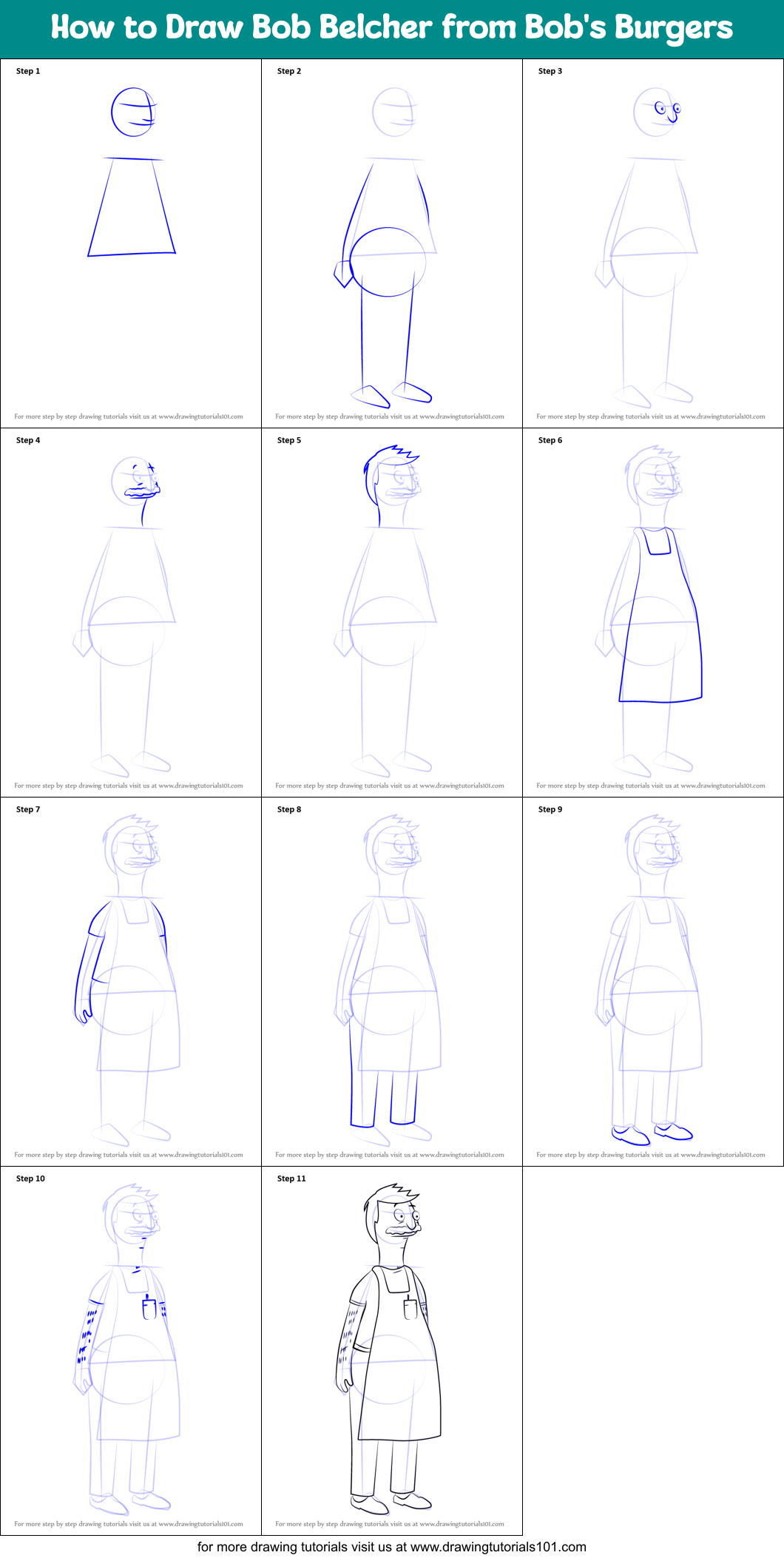 How to Draw Bob Belcher from Bob's Burgers printable step by step