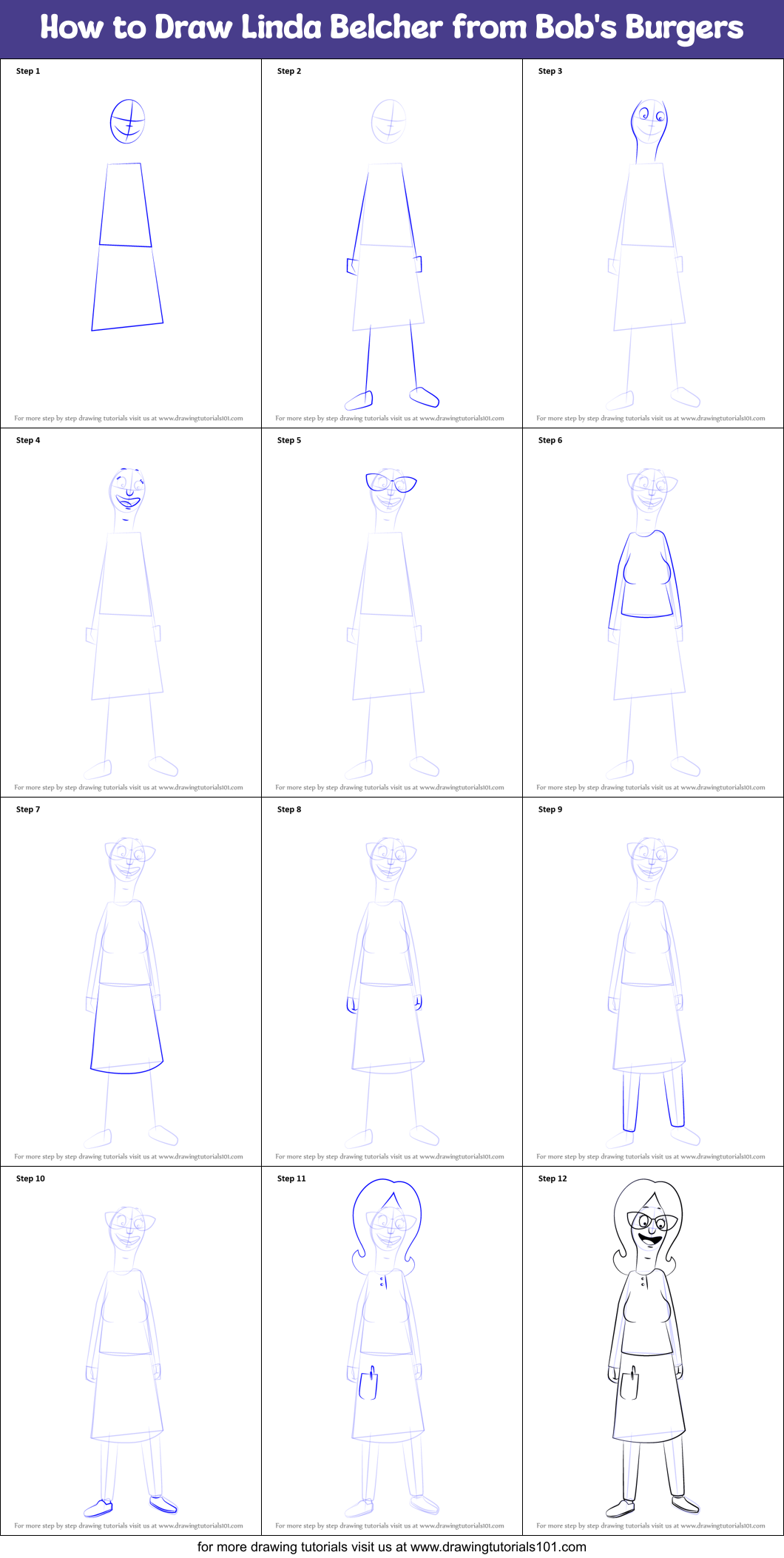 How to Draw Linda Belcher from Bob's Burgers printable step by step