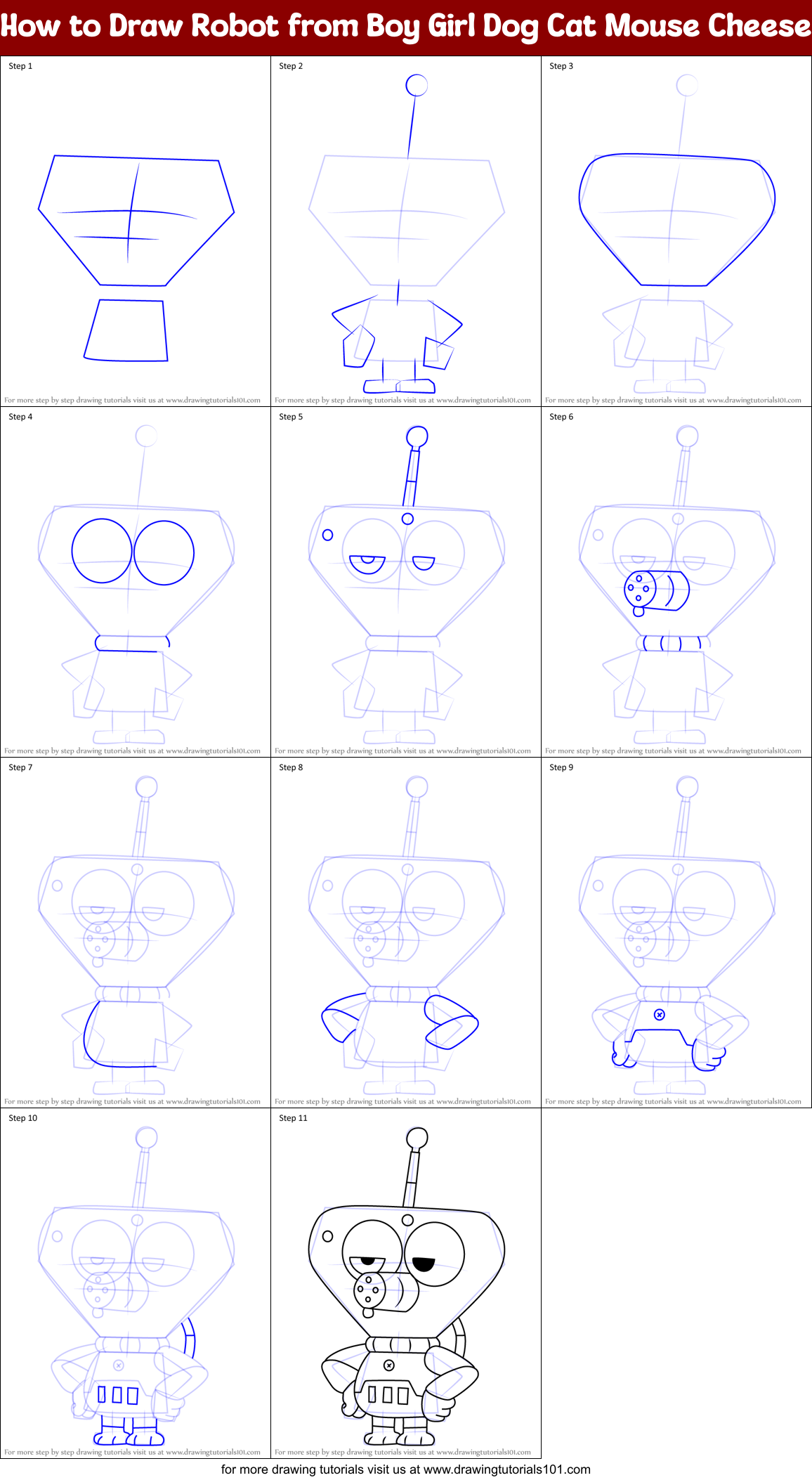 How to Draw Robot from Boy Girl Dog Cat Mouse Cheese printable step by ...