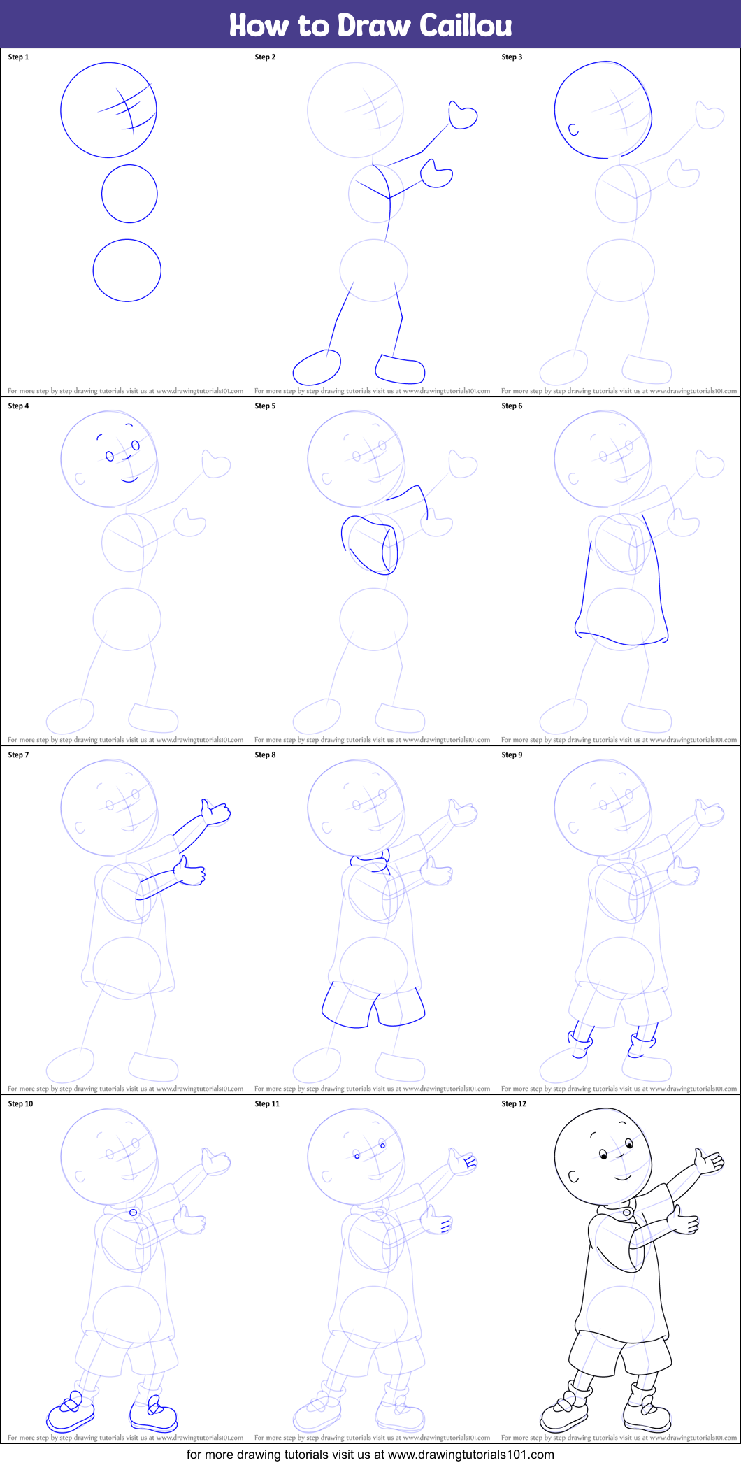 How to Draw Caillou printable step by step drawing sheet