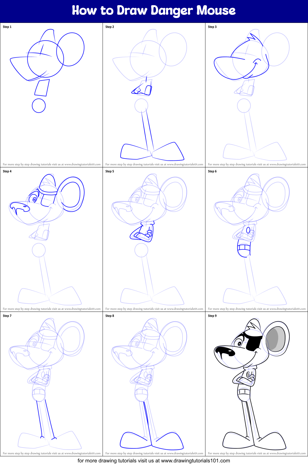 How to Draw Danger Mouse printable step by step drawing sheet