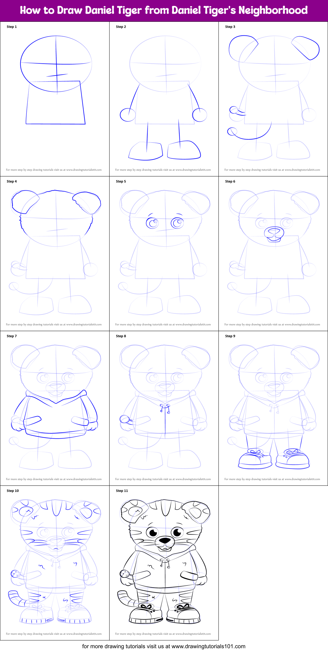 How to Draw Daniel Tiger from Daniel Tiger's Neighborhood printable