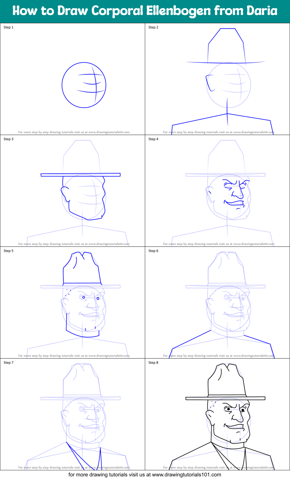 How to Draw Corporal Ellenbogen from Daria printable step by step ...