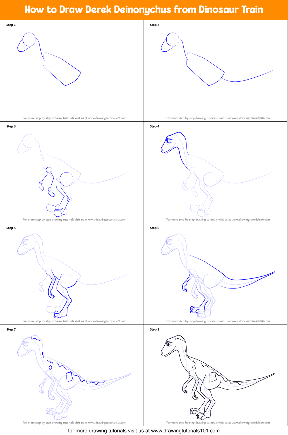 How to Draw Derek Deinonychus from Dinosaur Train printable step by ...