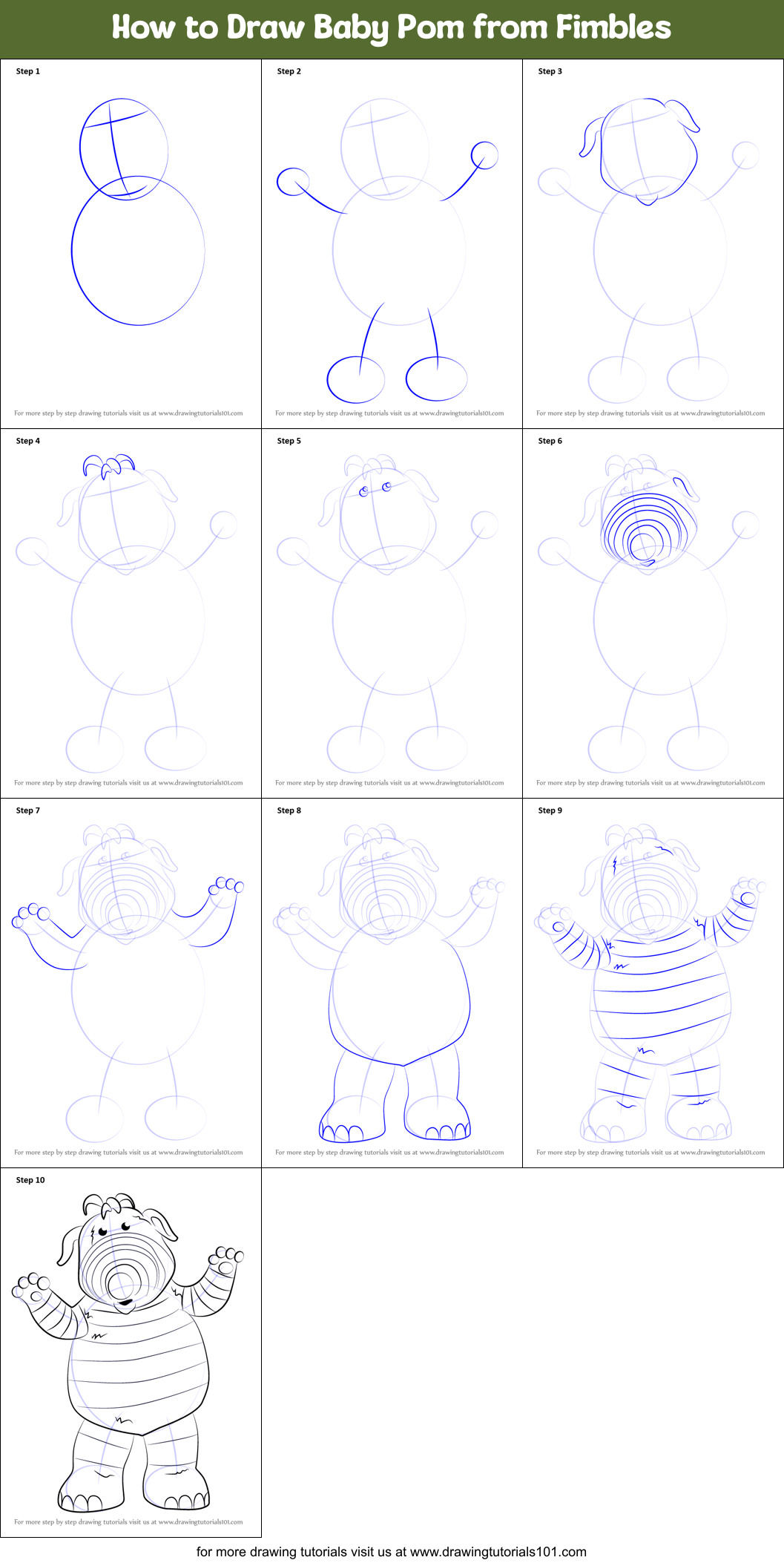 How to Draw Baby Pom from Fimbles printable step by step drawing sheet ...