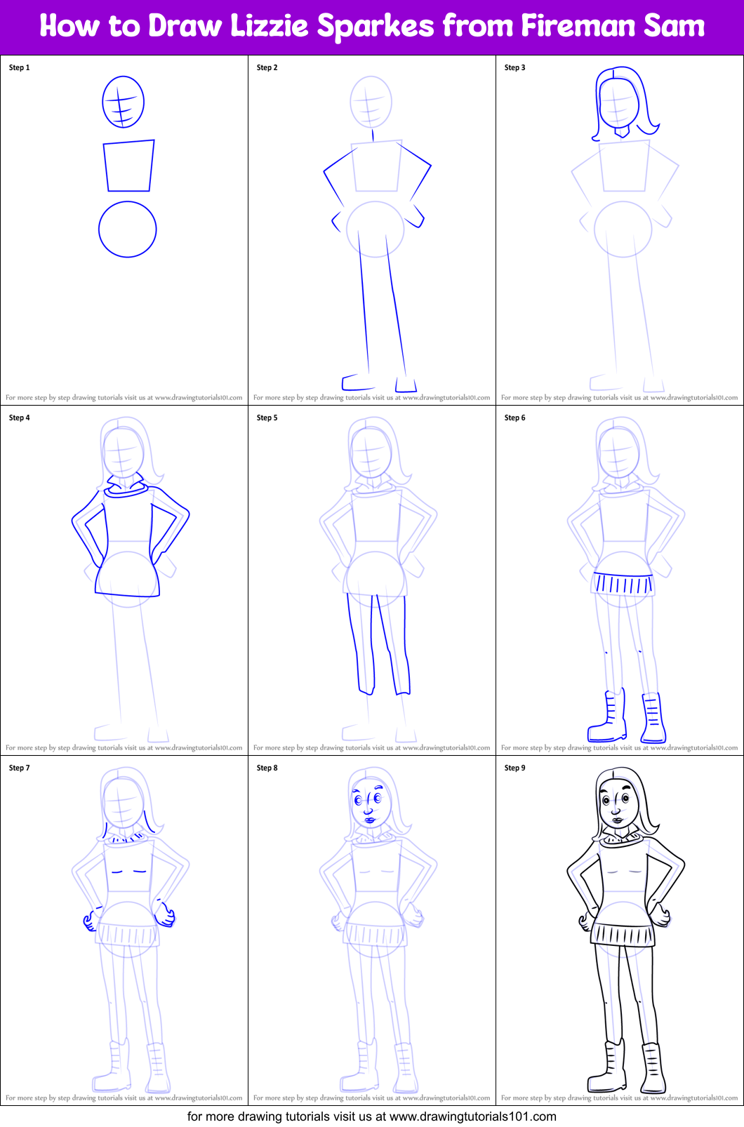 How to Draw Lizzie Sparkes from Fireman Sam printable step by step ...