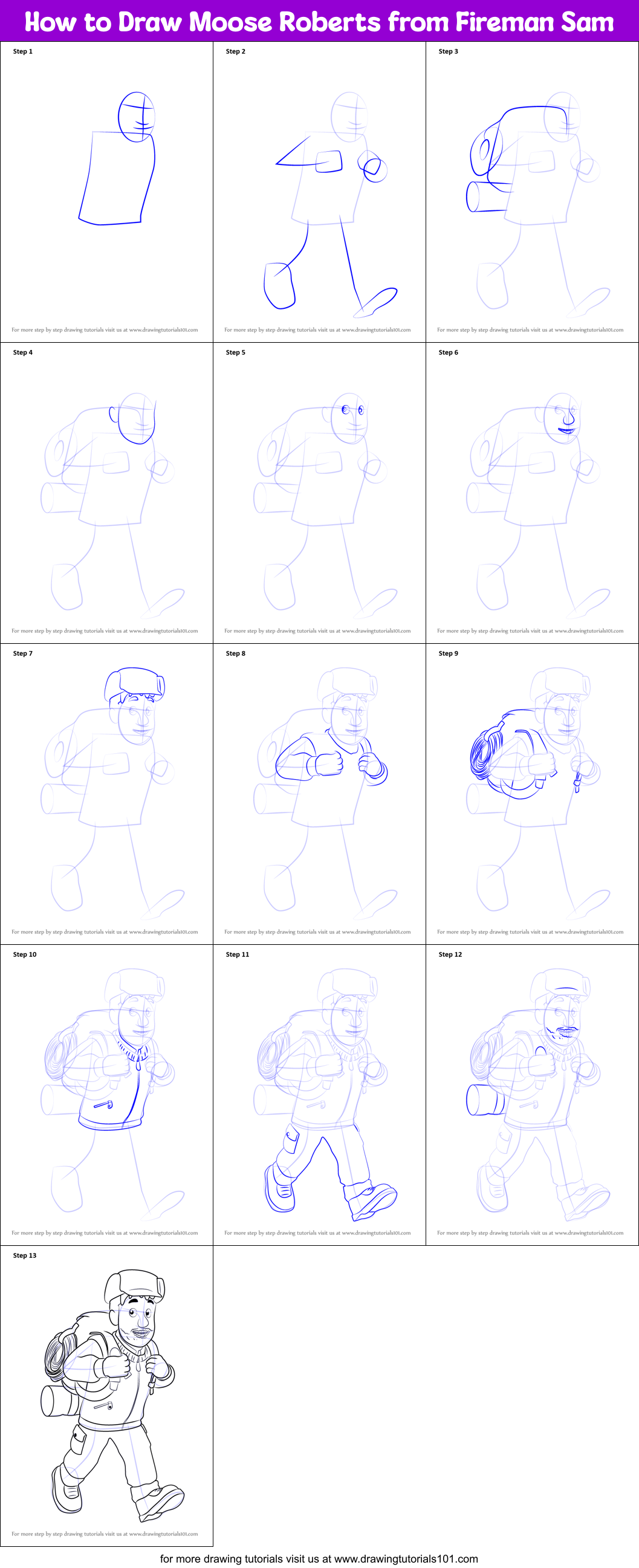 How to Draw Moose Roberts from Fireman Sam printable step by step ...