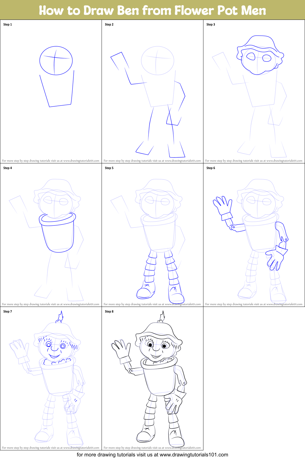 How to Draw Ben from Flower Pot Men printable step by step drawing ...