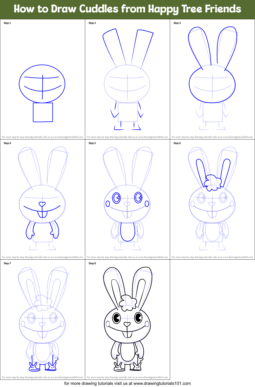 How to Draw Cuddles from Happy Tree Friends printable step by step ...