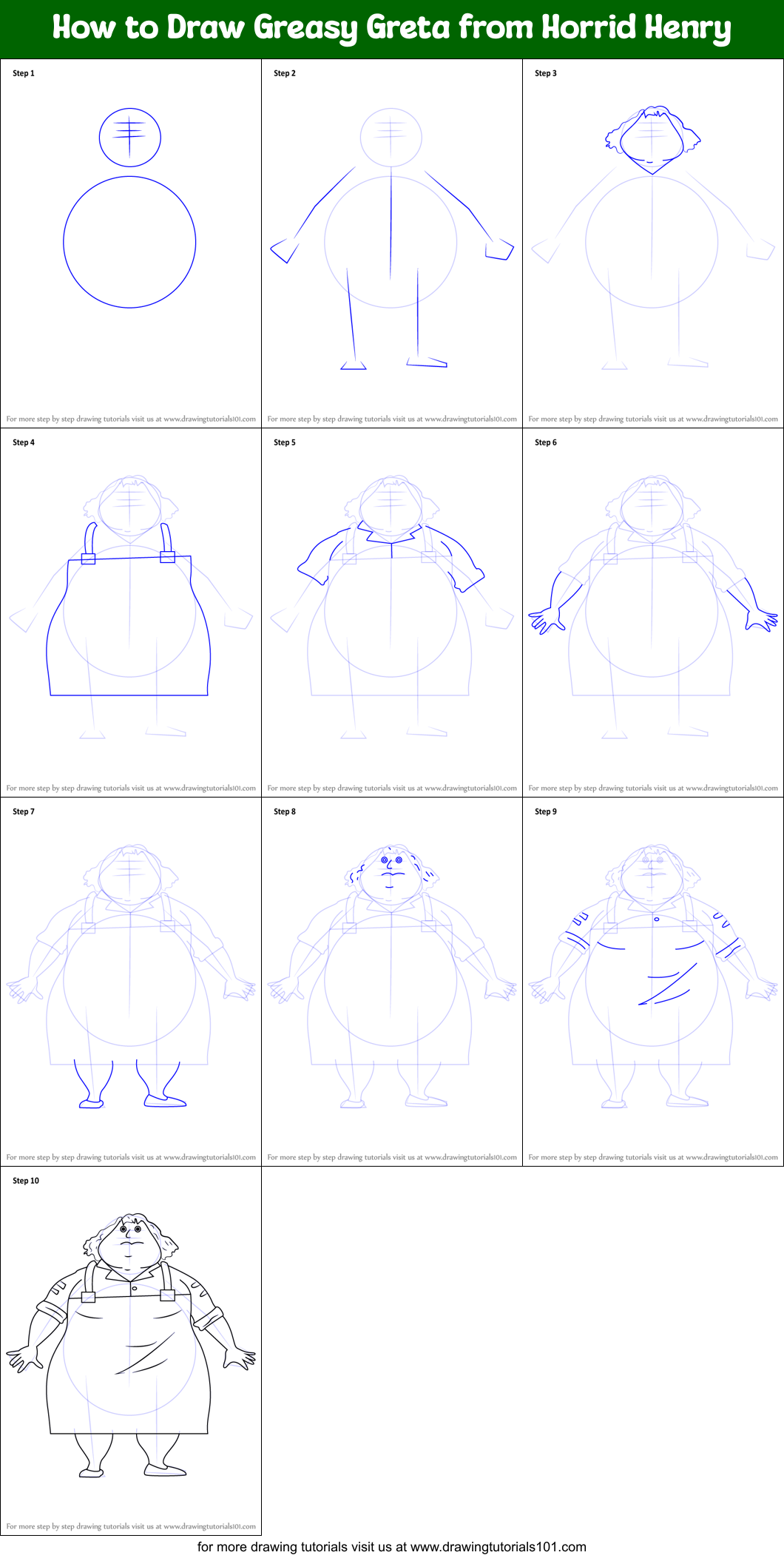 How to Draw Greasy Greta from Horrid Henry printable step by step ...