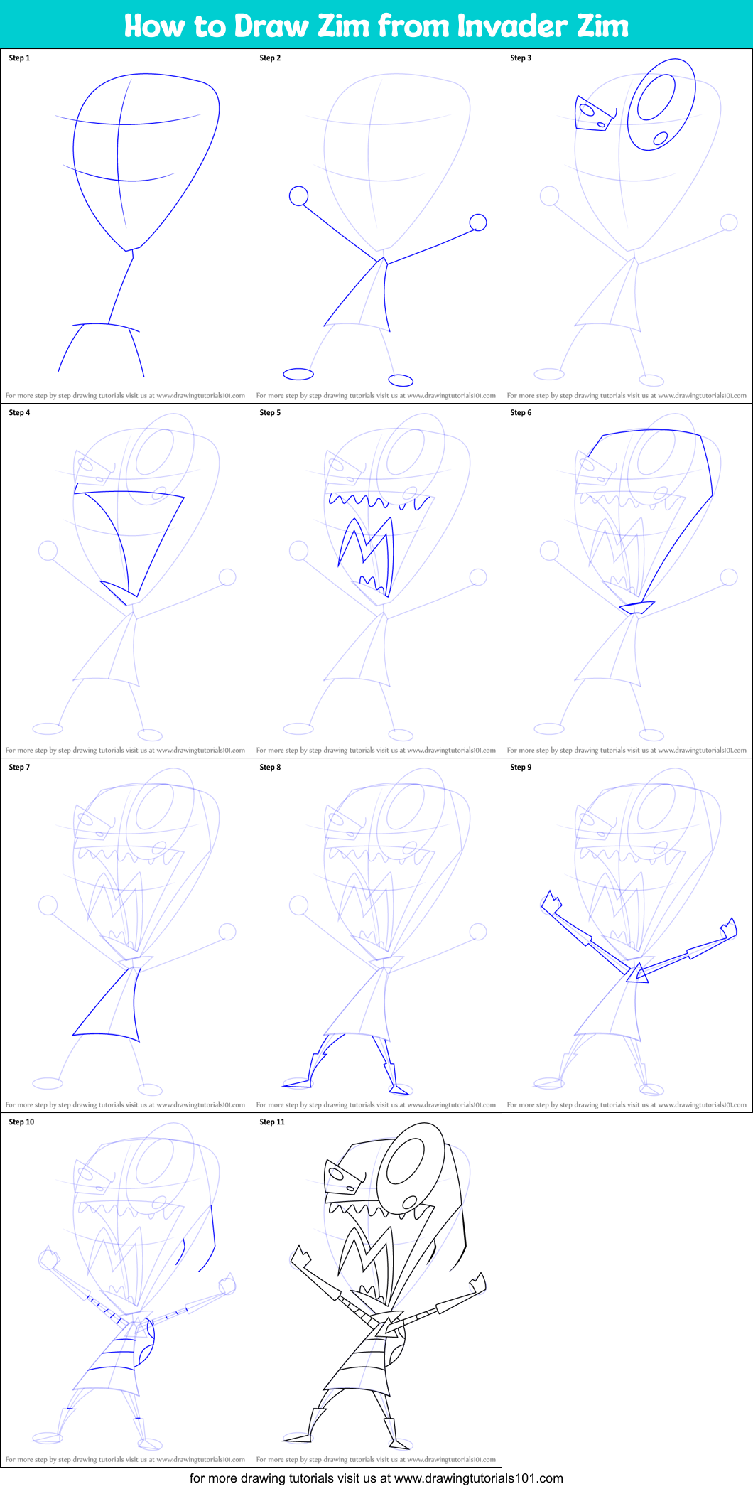 How to Draw Zim from Invader Zim printable step by step drawing sheet