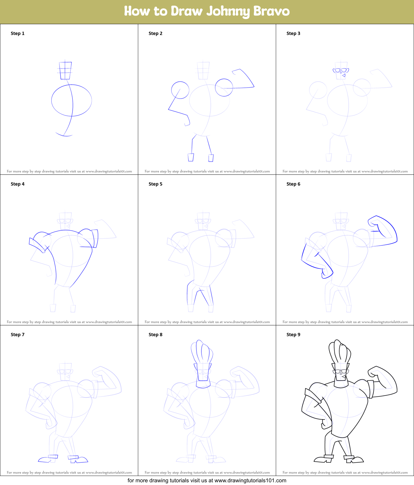 How to Draw Johnny Bravo printable step by step drawing sheet